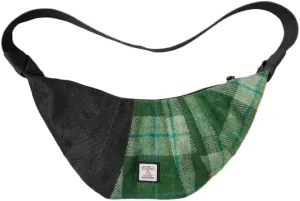Harris Tweed Crescent Crossbody Bag for Women and Men, Tartan Wool & Denim Hobo Shoulder Bag, Vintage Travel Purse