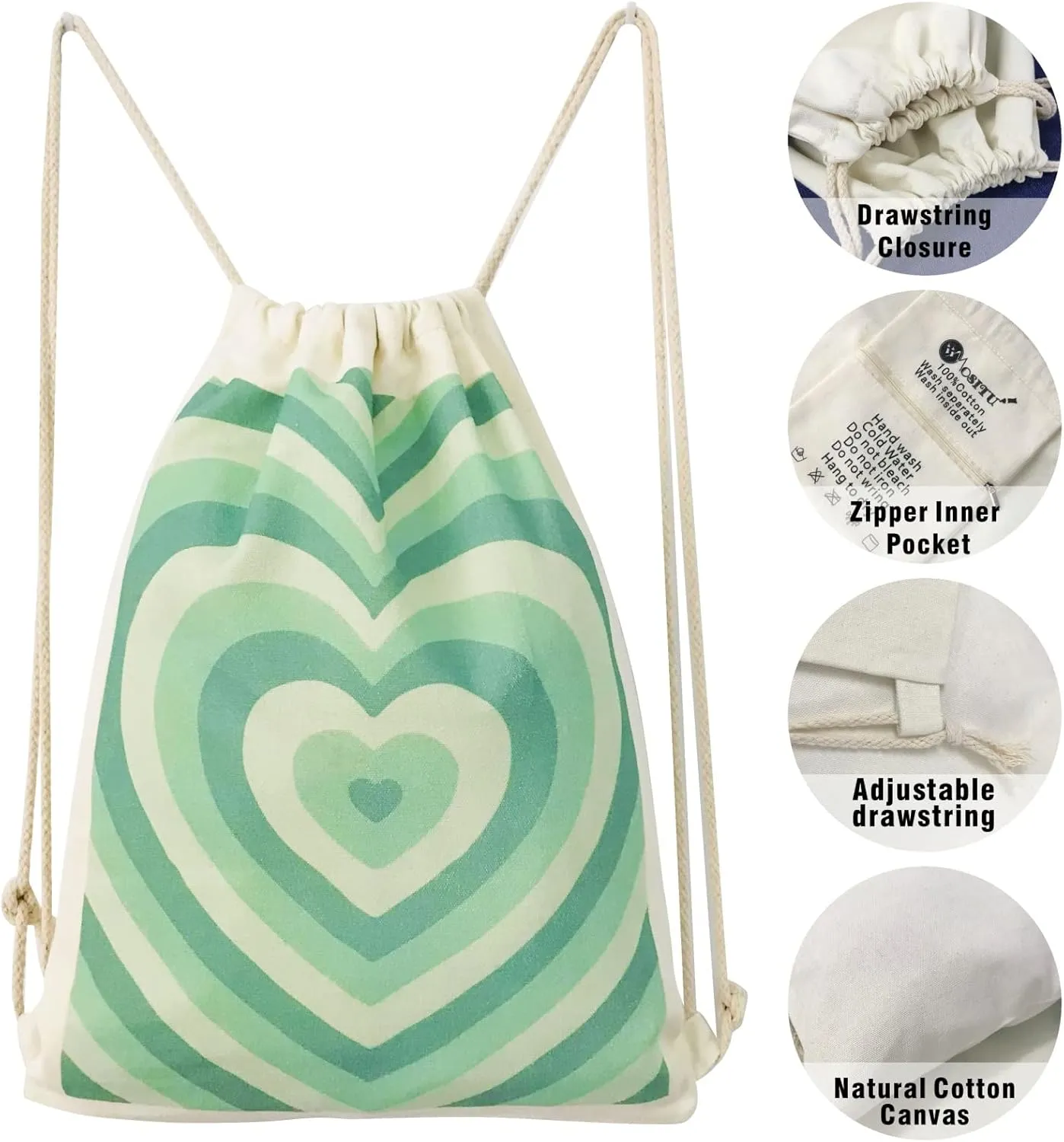 Heart Drawstring Backpack Cotton Canvas Drawstring Bag for Women Gift Gym Draw String Bag Aesthetic Heart Backpack Sport Sack Bag Beach Travel Sackpack