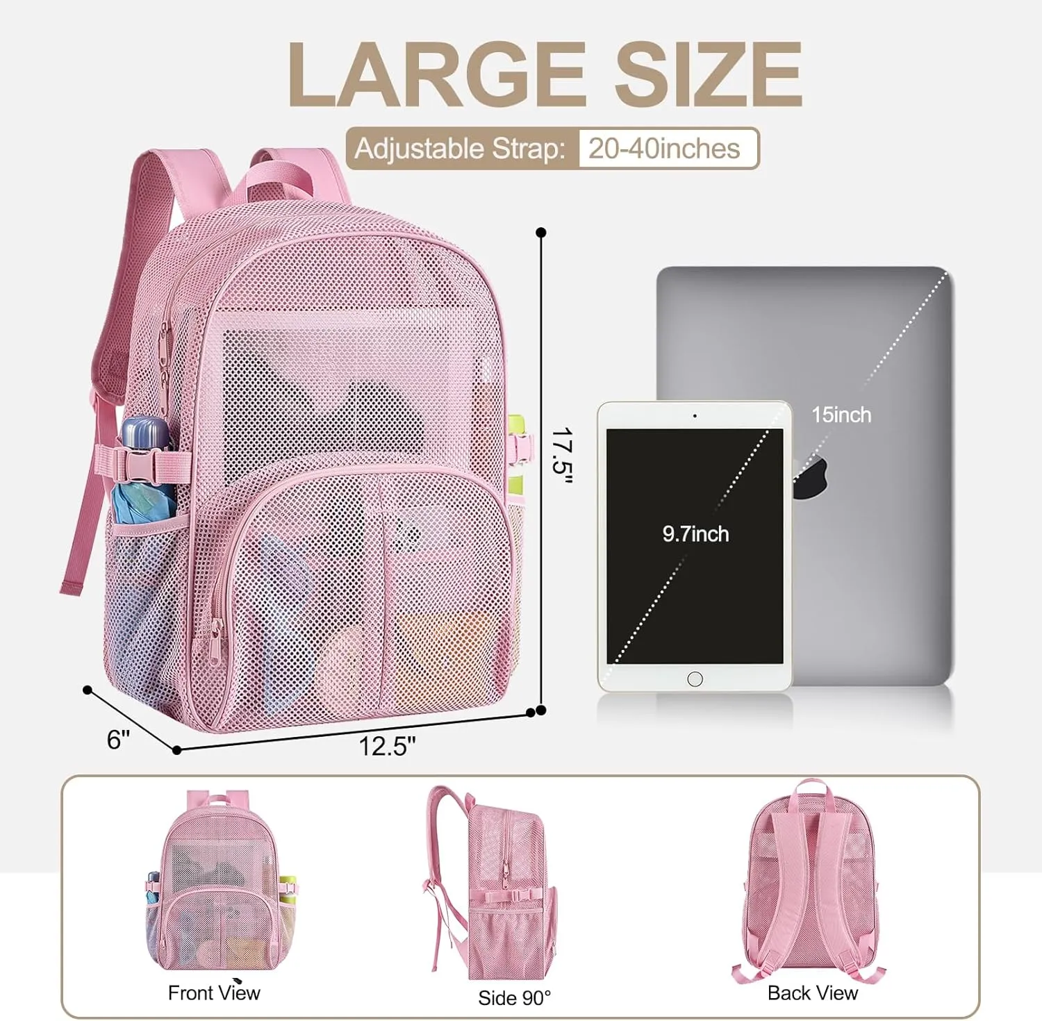 Heavy Duty Mesh Backpack for School, 30L Extra Large See Through Mesh Bookbag for Adults with Comfort Padded Straps for School, Beach, Swimming, Fitness, Sports (M)