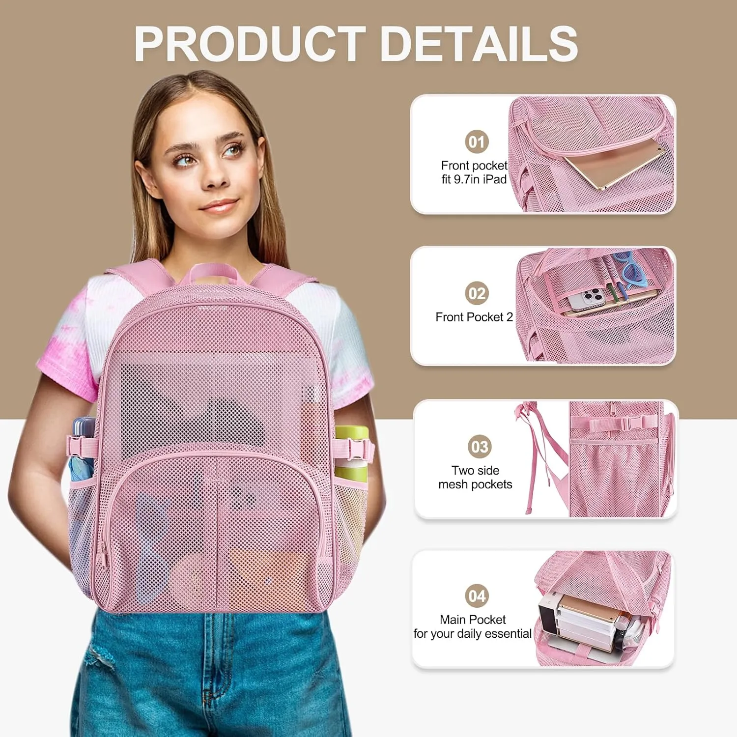 Heavy Duty Mesh Backpack for School, 30L Extra Large See Through Mesh Bookbag for Adults with Comfort Padded Straps for School, Beach, Swimming, Fitness, Sports (M)