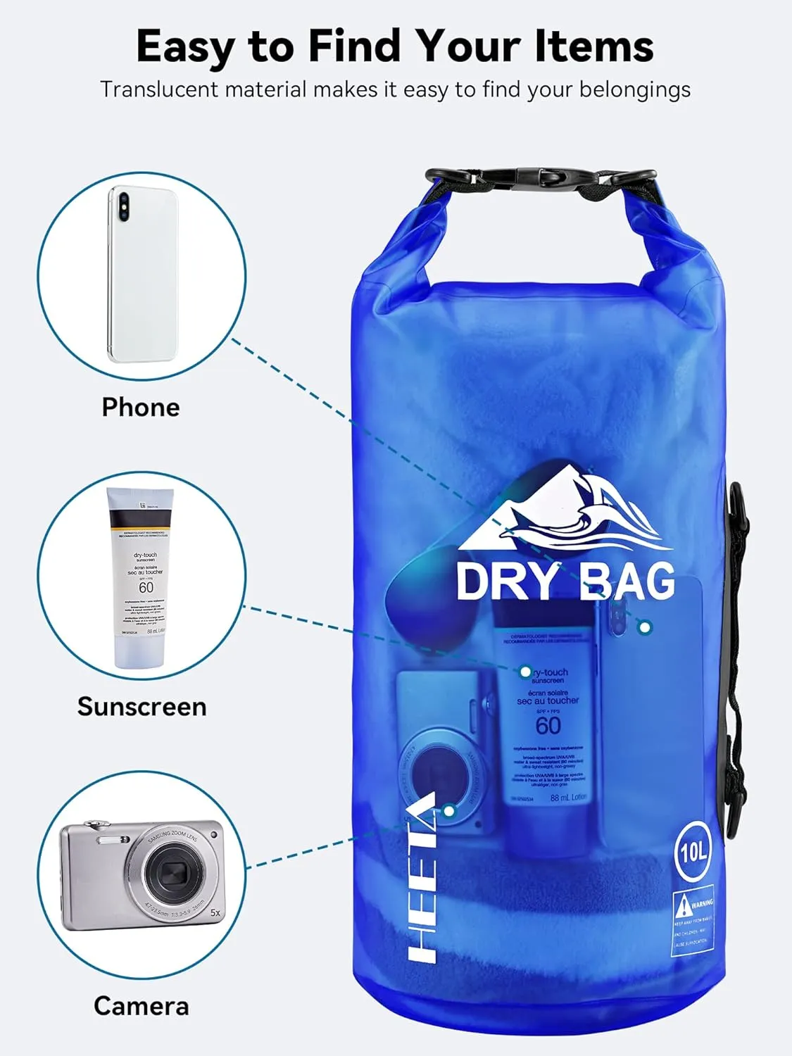 HEETA Dry Bag Waterproof for Women Men, 5L/10L/20L/30L/40L Roll Top Lightweight Dry Storage Bag Backpack with Phone Case for Travel, Swimming, Boating, Kayaking, Camping & Beach, 11 Transparent Colors