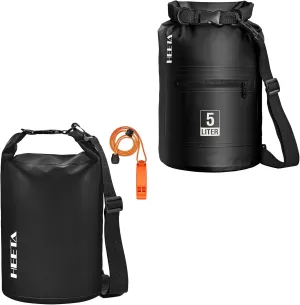 HEETA Waterproof Dry Bag with Emergency Whistle Bundled with Upgraded Dry Bag with Zippered Pocket for Women & Men, Roll Top Lightweight Dry Storage Bag Backpack for Kayaking, Boating (Black 5L)