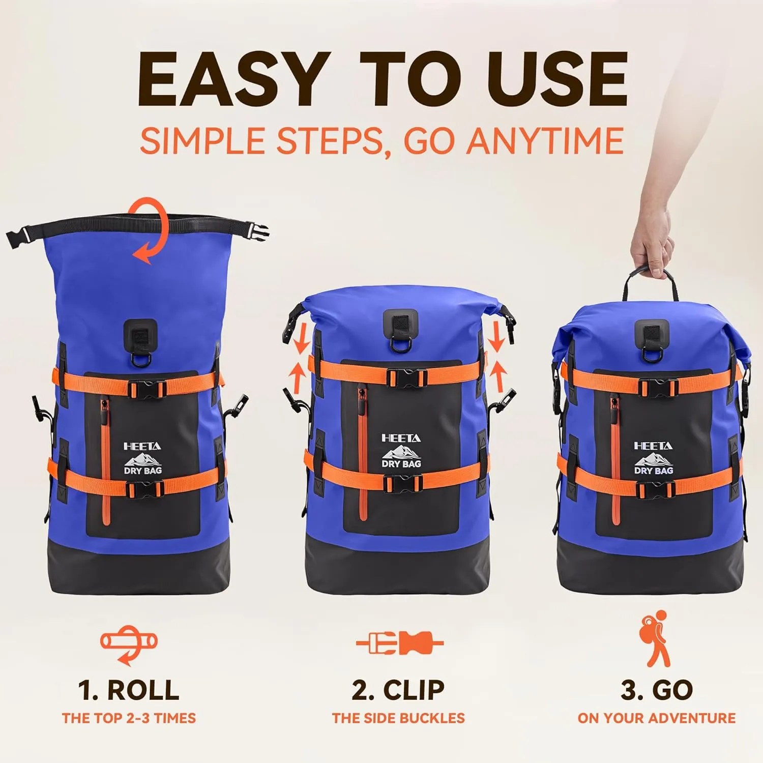 HEETA Waterproof Dry Bags Backpack 40L for Men & Women, Roll Top Heavy Duty Cushioned Hiking Backpack for Kayaking Boating Paddle Boarding Travel Camping Beach Vacation Cruise Ship Essentials, Blue