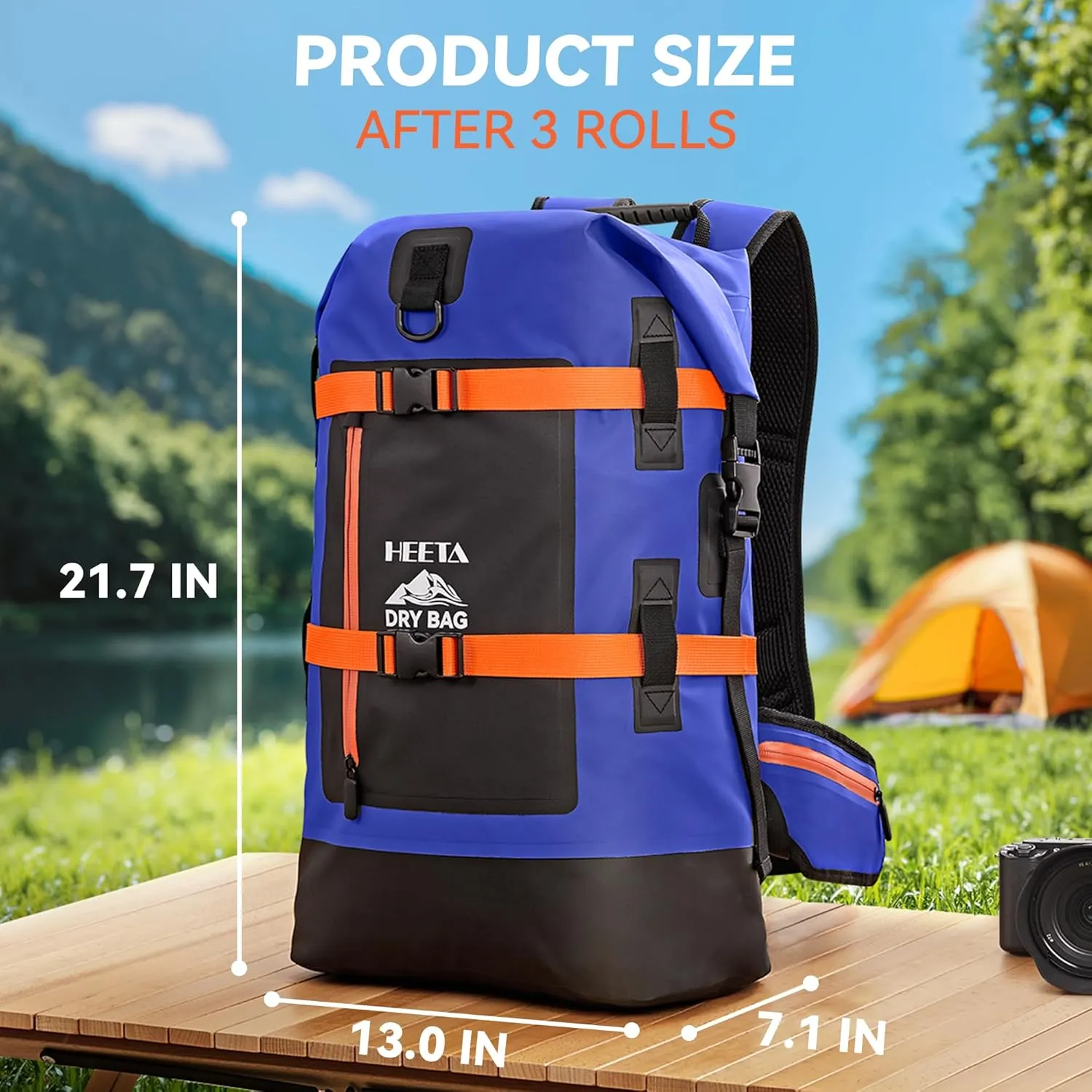 HEETA Waterproof Dry Bags Backpack 40L for Men & Women, Roll Top Heavy Duty Cushioned Hiking Backpack for Kayaking Boating Paddle Boarding Travel Camping Beach Vacation Cruise Ship Essentials, Blue