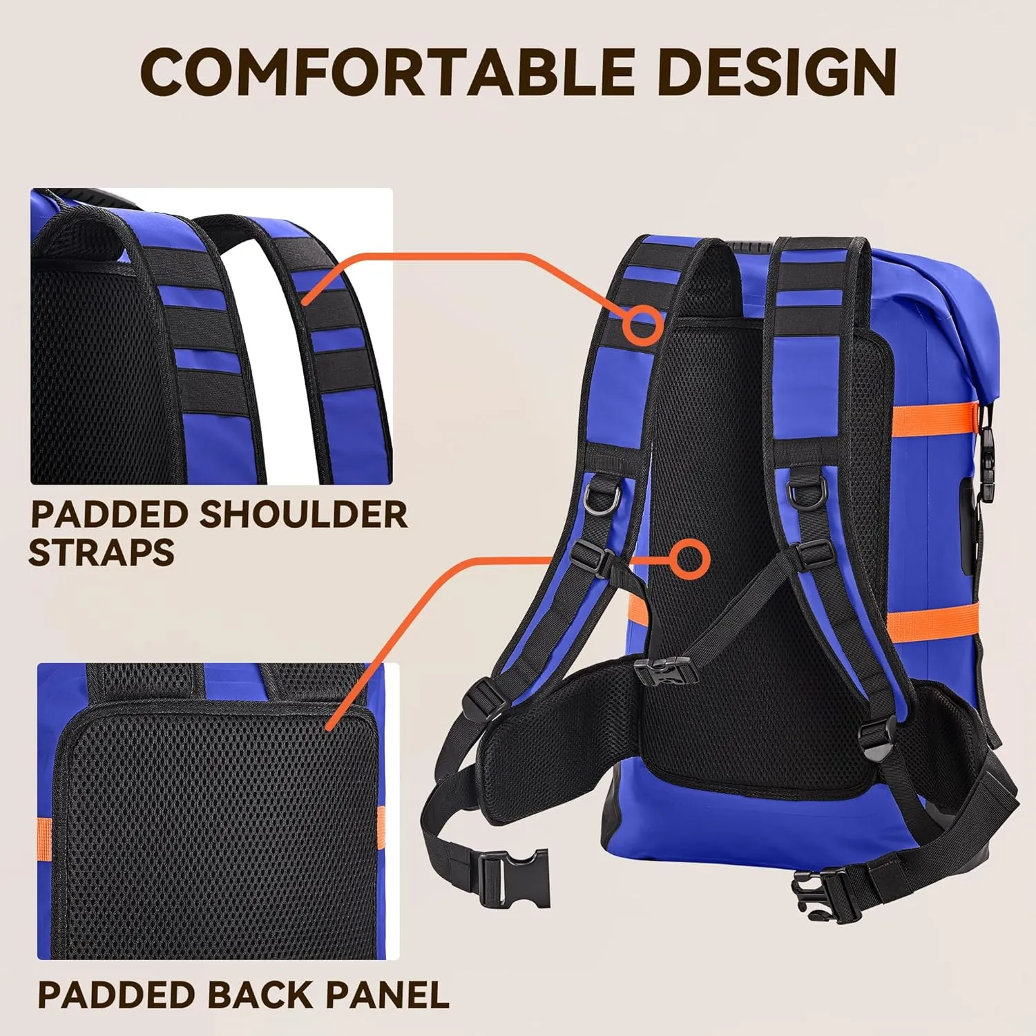 HEETA Waterproof Dry Bags Backpack 40L for Men & Women, Roll Top Heavy Duty Cushioned Hiking Backpack for Kayaking Boating Paddle Boarding Travel Camping Beach Vacation Cruise Ship Essentials, Blue