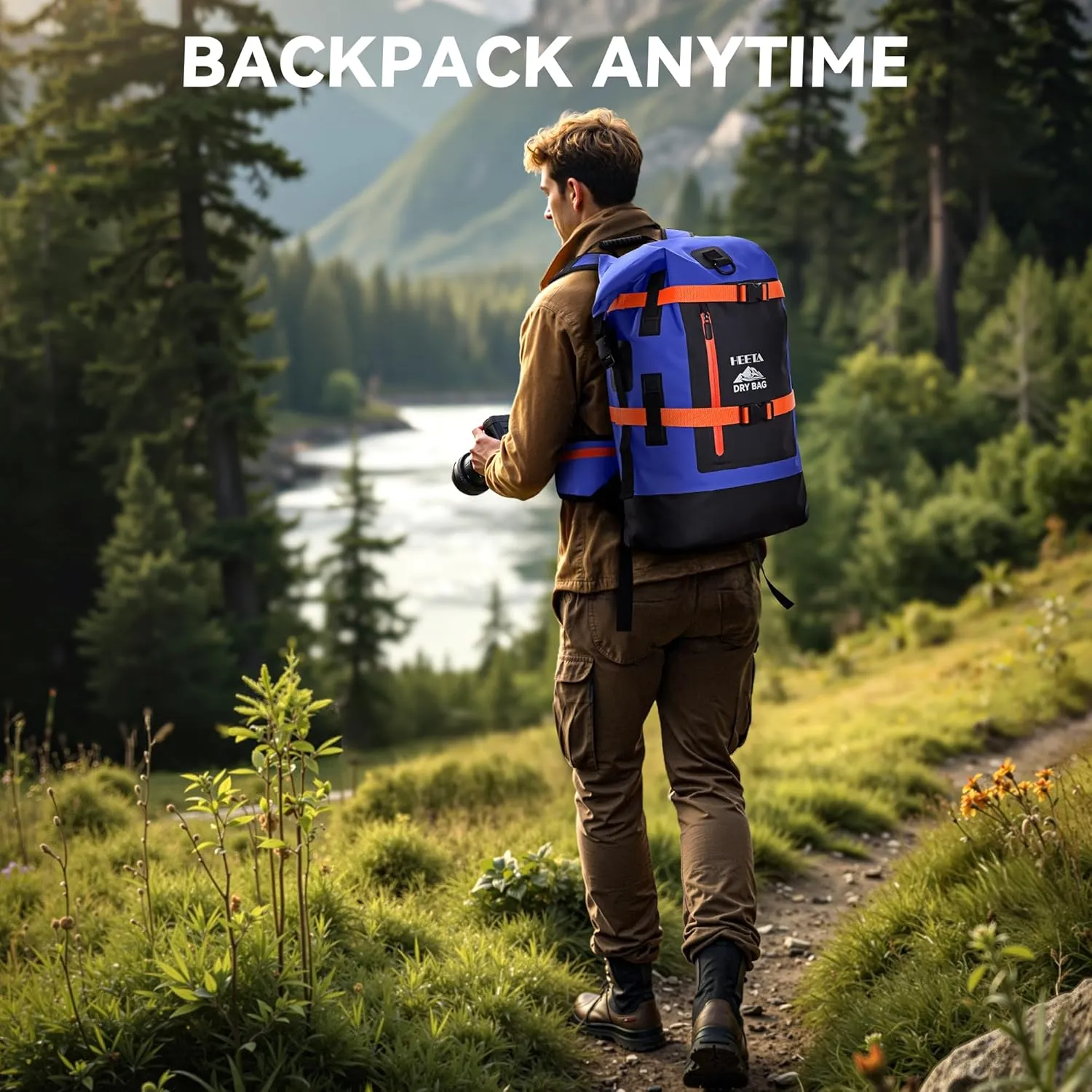 HEETA Waterproof Dry Bags Backpack 40L for Men & Women, Roll Top Heavy Duty Cushioned Hiking Backpack for Kayaking Boating Paddle Boarding Travel Camping Beach Vacation Cruise Ship Essentials, Blue
