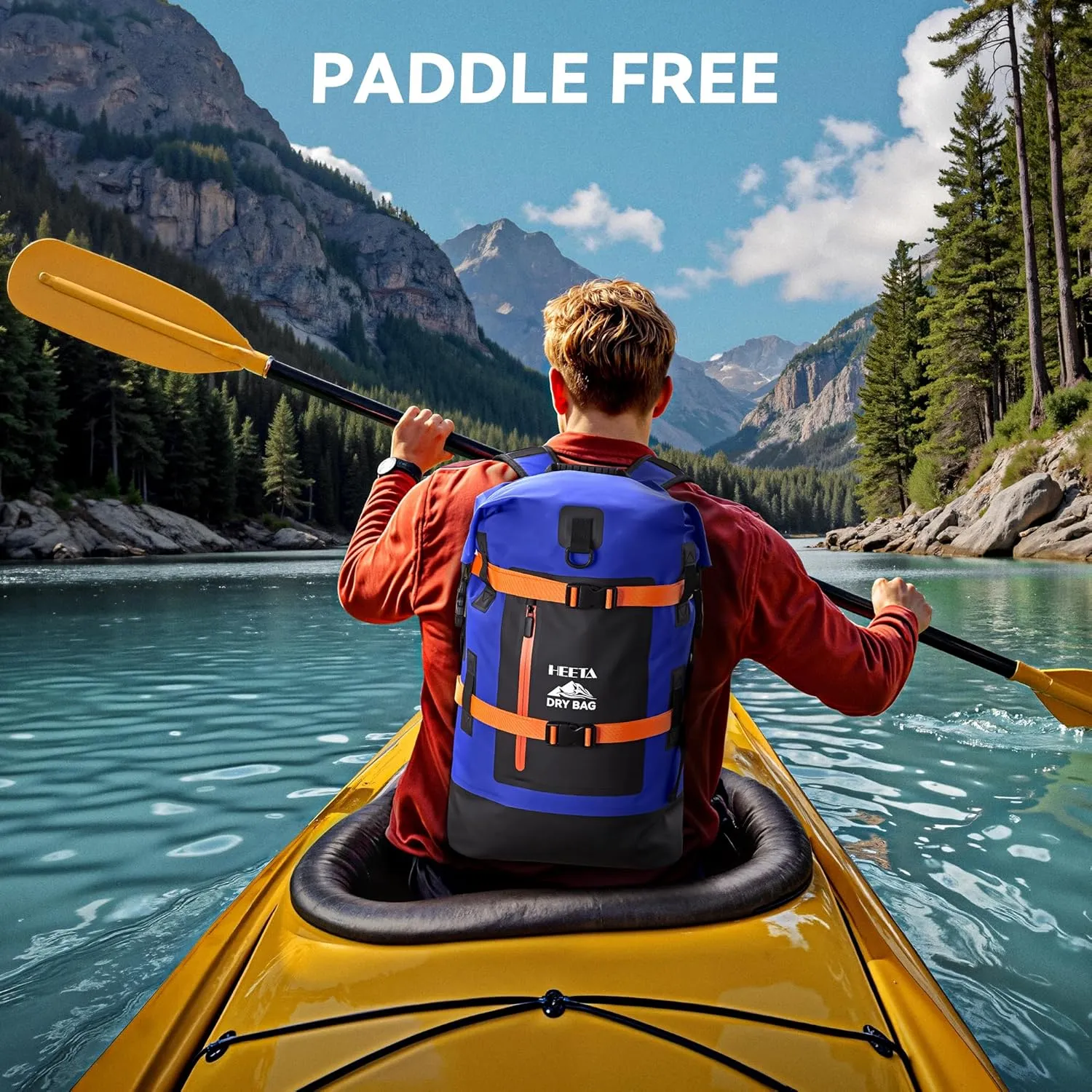 HEETA Waterproof Dry Bags Backpack 40L for Men & Women, Roll Top Heavy Duty Cushioned Hiking Backpack for Kayaking Boating Paddle Boarding Travel Camping Beach Vacation Cruise Ship Essentials, Blue