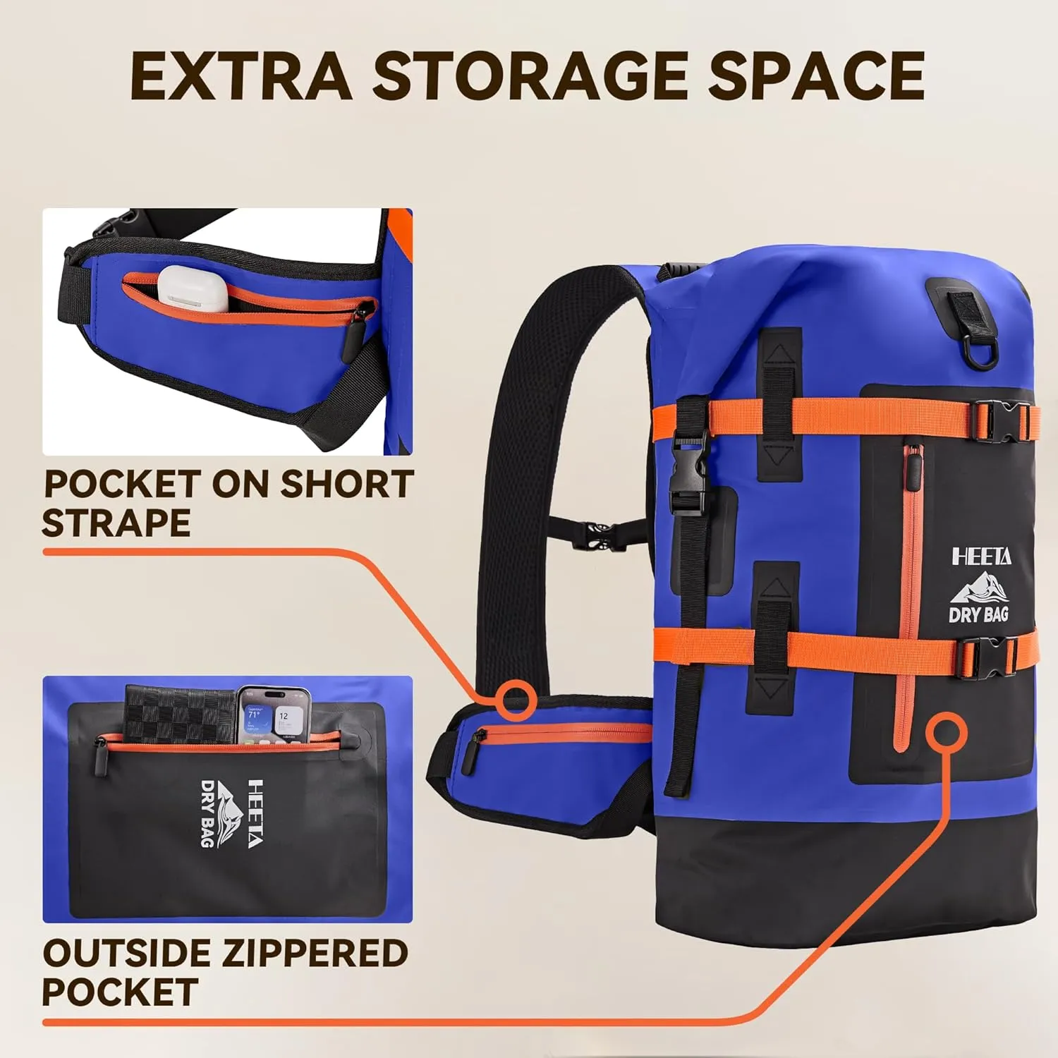 HEETA Waterproof Dry Bags Backpack 40L for Men & Women, Roll Top Heavy Duty Cushioned Hiking Backpack for Kayaking Boating Paddle Boarding Travel Camping Beach Vacation Cruise Ship Essentials, Blue