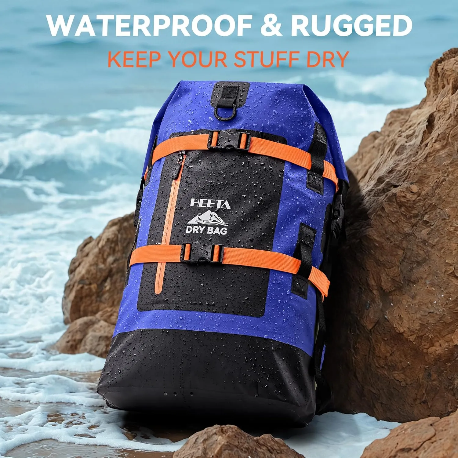 HEETA Waterproof Dry Bags Backpack 40L for Men & Women, Roll Top Heavy Duty Cushioned Hiking Backpack for Kayaking Boating Paddle Boarding Travel Camping Beach Vacation Cruise Ship Essentials, Blue