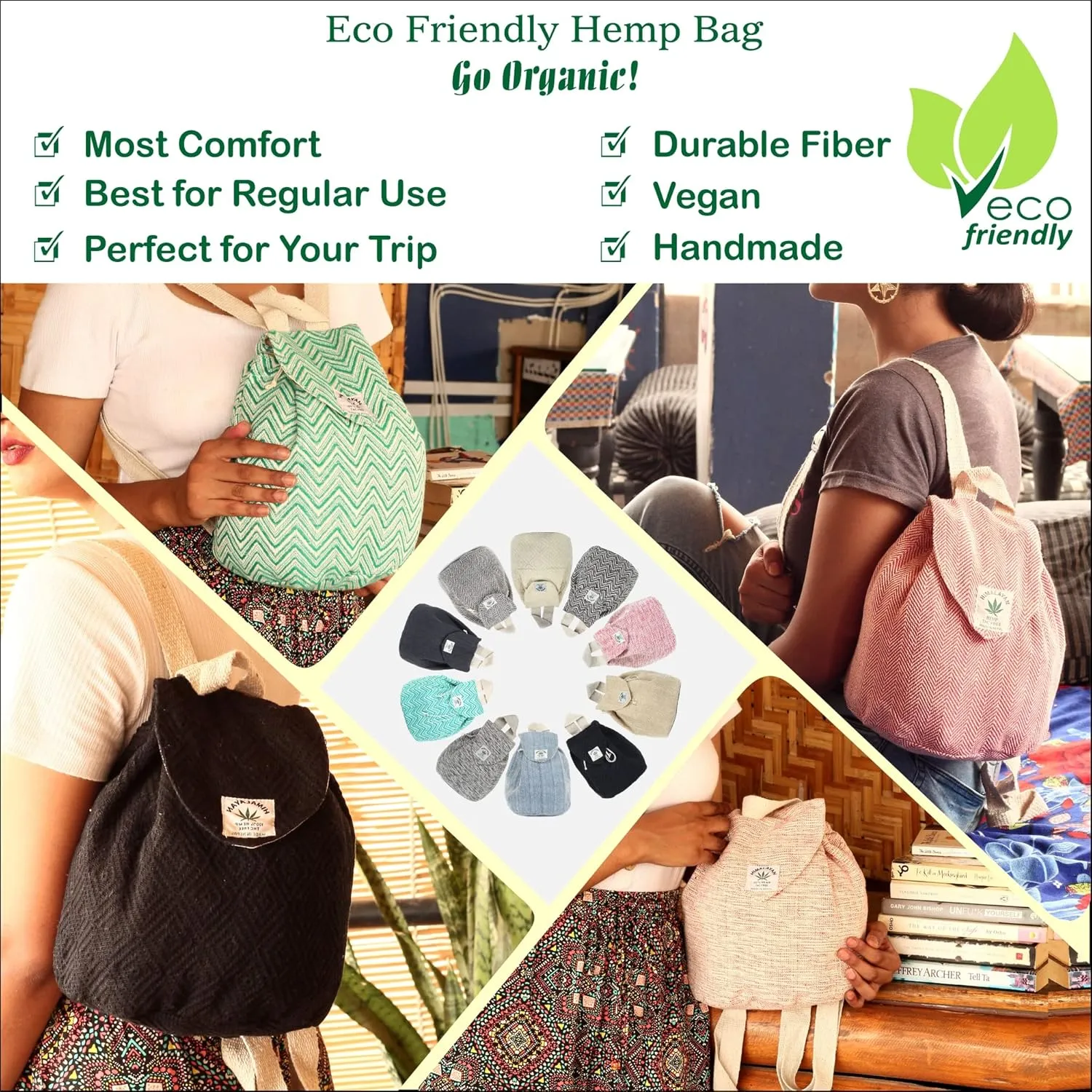 Hemp small bag for women Girls Light Weight Eco Friendly Small cute backpack Bag for everyday lives (Black)