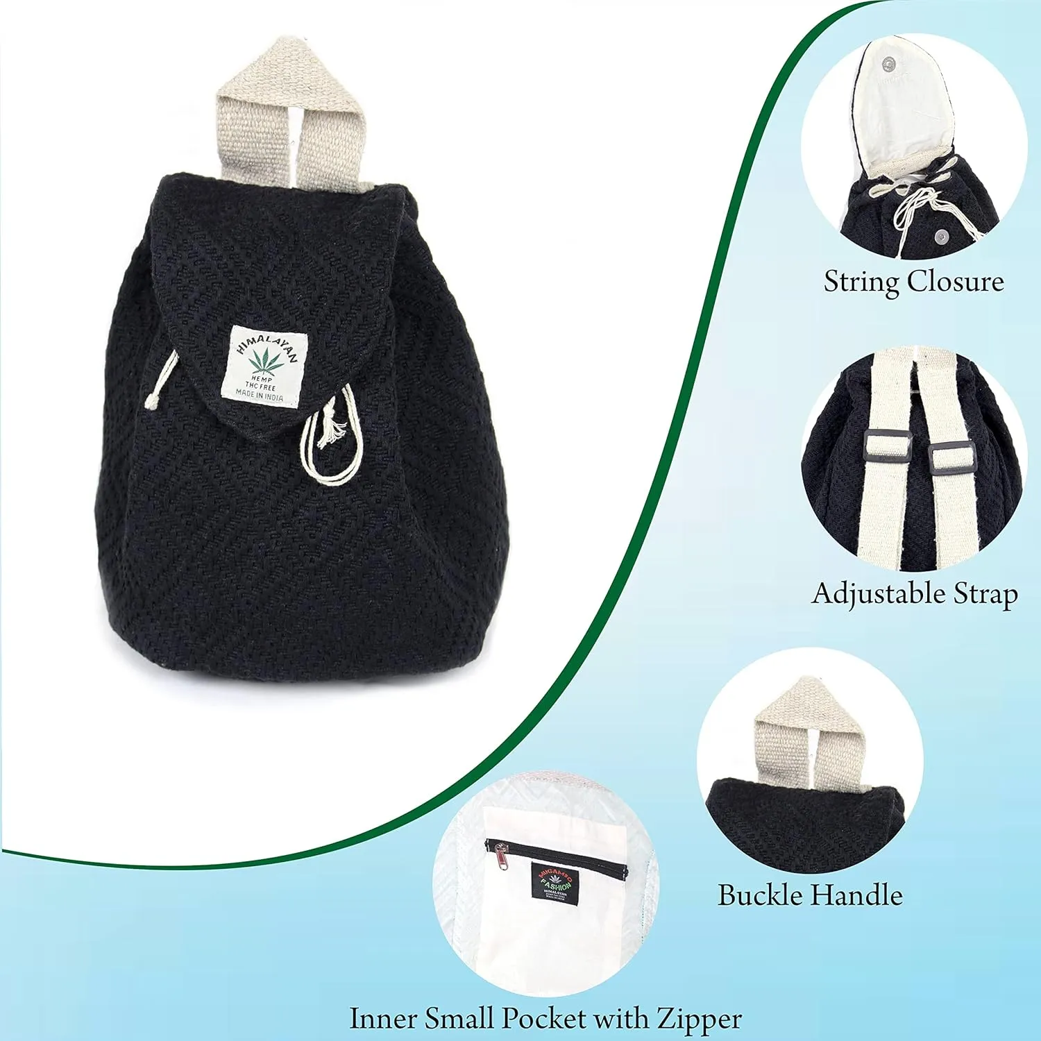 Hemp small bag for women Girls Light Weight Eco Friendly Small cute backpack Bag for everyday lives (Black)
