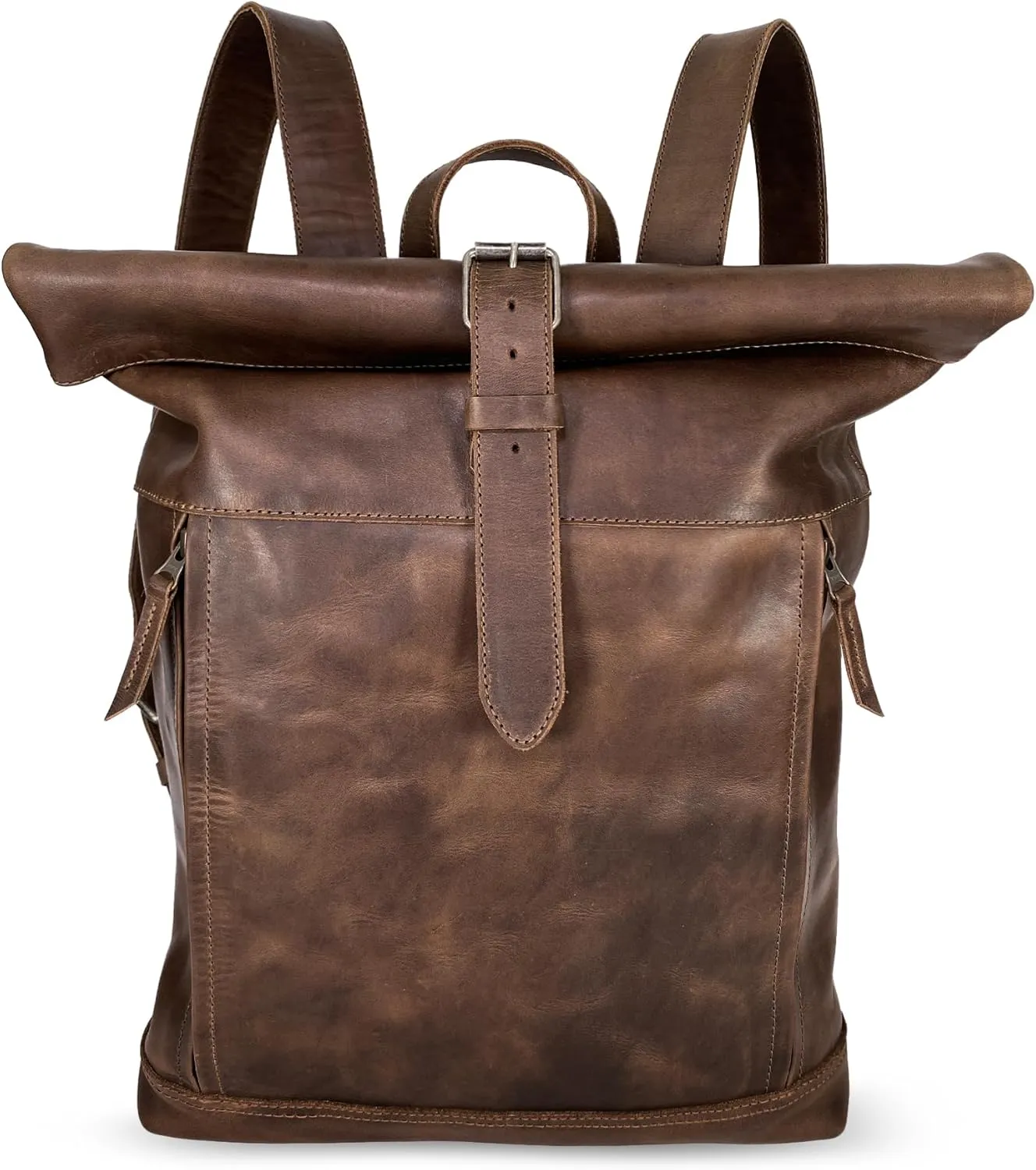 Hide & Drink, Roll Top Backpack, Vintage Style Rucksack with Adjustable Shoulder Straps, Travel Accessory, Full Grain Leather, Handmade, Bourbon Brown