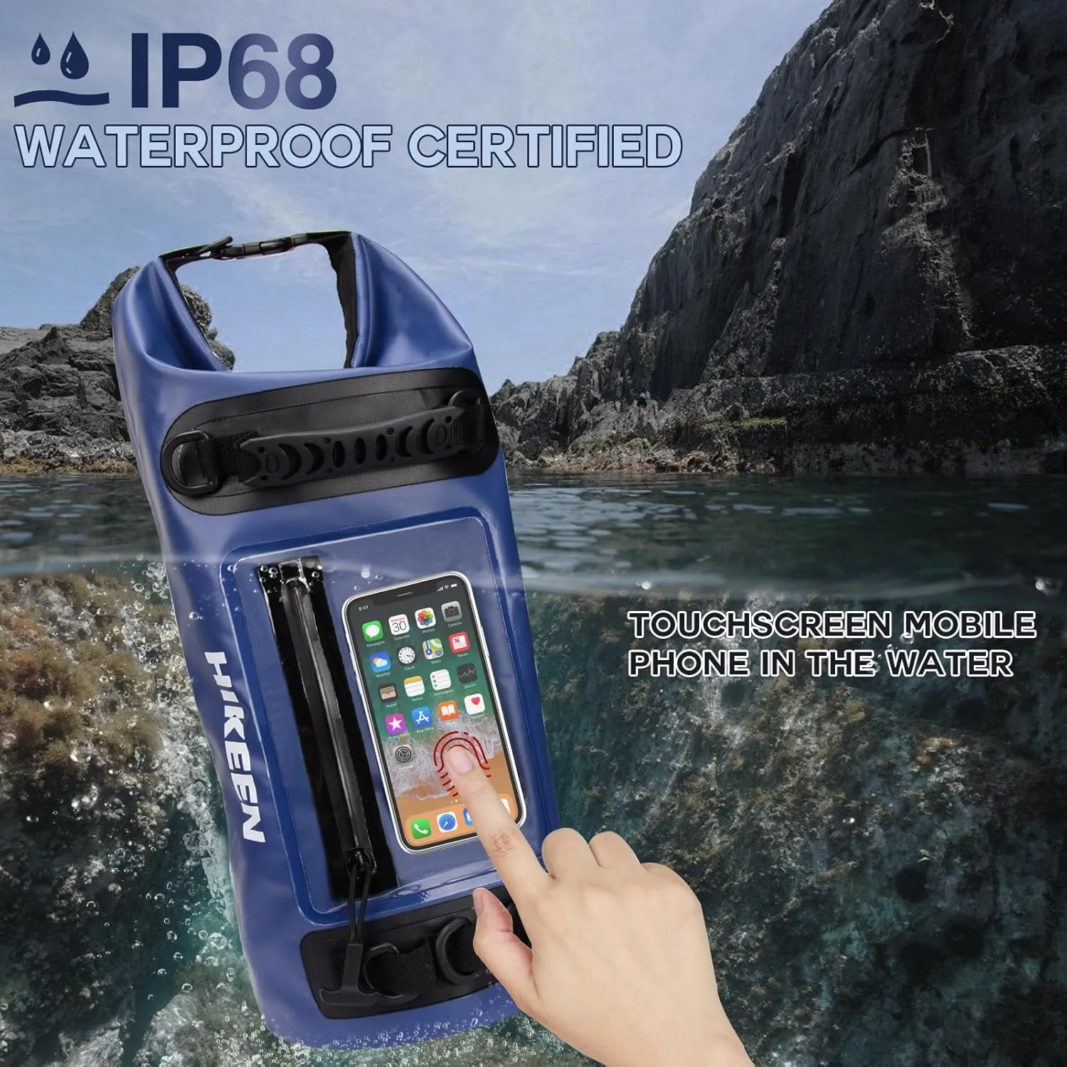 Hikeen IP68 Dry Bag Backpack Waterproof - Waterproof Zip Touch Screen Phone Case Keeps Gear Dry, Lightweight Roll Top Dry Bags Waterproof for Kayaking Boating Camping Beach Rafting with 3 D-Rings