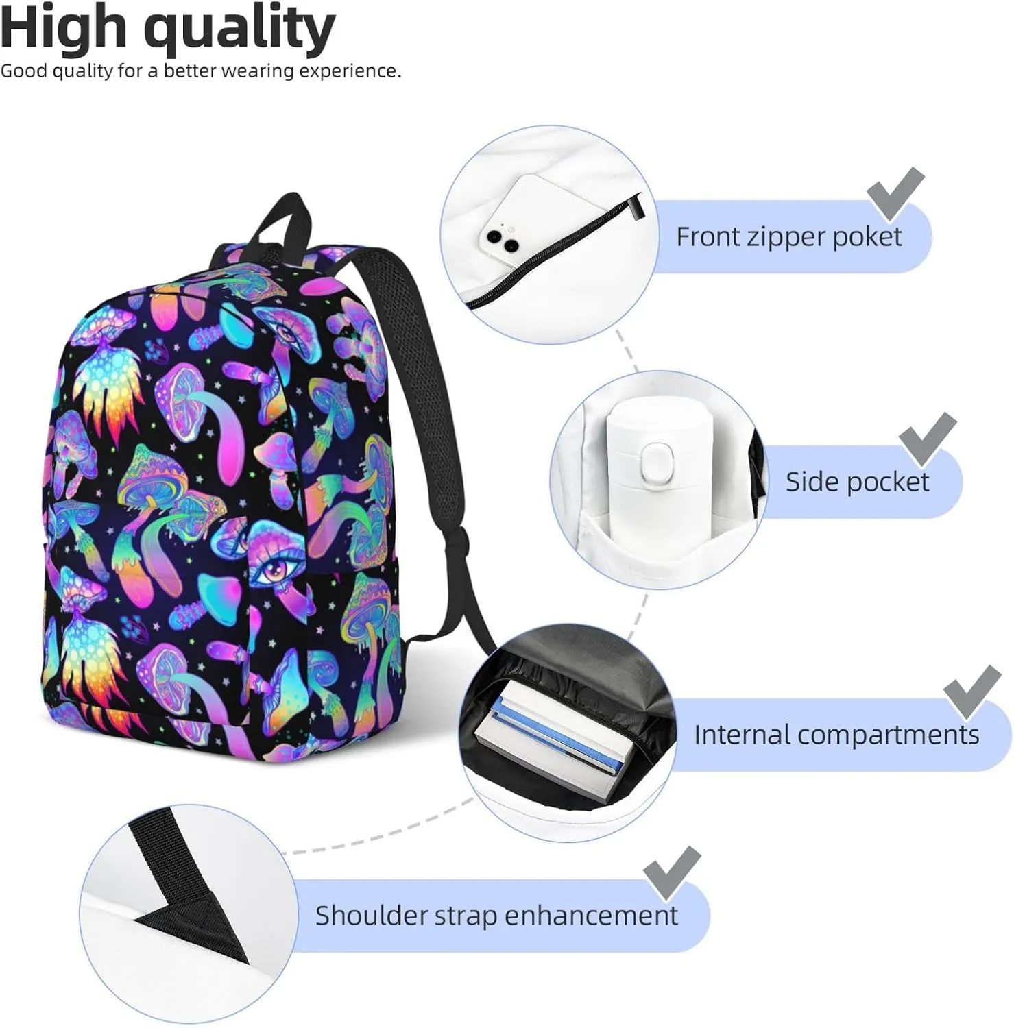 Hippie Mushroom Magic Backpack for Girls Boys Women Lightweight Canvas Bookbag Casual Daypack for Travel Outdoor Camping, 15 Inch