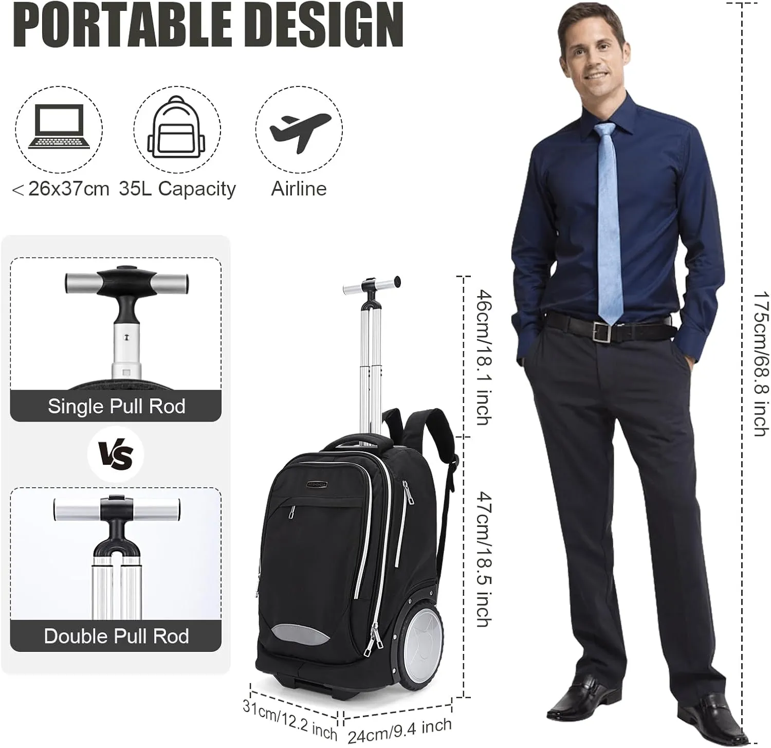 Hivexagon 18 Inch Rolling Backpack with Wheels for Business and Travel Commuter (Black)