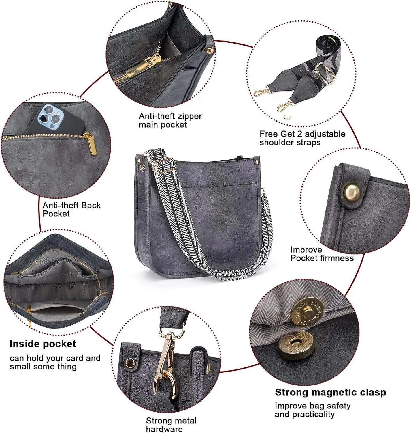 HKCLUF Crossbody Bag Purse for Women 2PCS/Set Leather Hobo Handbag Wallet Set With 2Adjustable Guitar Strap Shoulder Bag