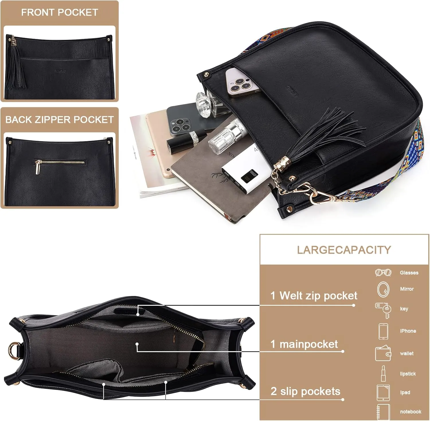 HKCLUF Crossbody Bag Purse for Women 2PCS/Set Leather Hobo Handbag Wallet Set With 2Adjustable Guitar Strap Shoulder Bag