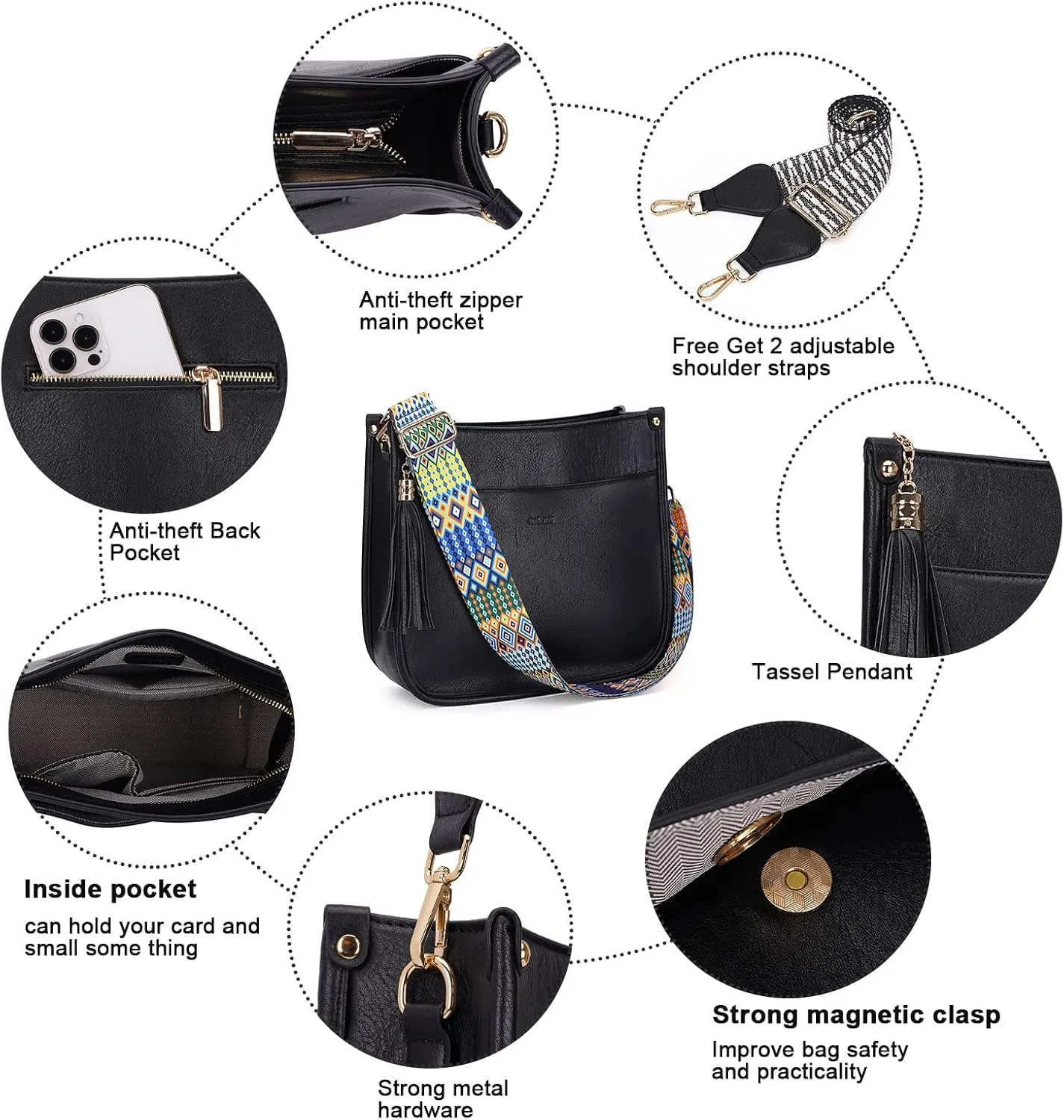 HKCLUF Crossbody Bag Purse for Women 2PCS/Set Leather Hobo Handbag Wallet Set With 2Adjustable Guitar Strap Shoulder Bag