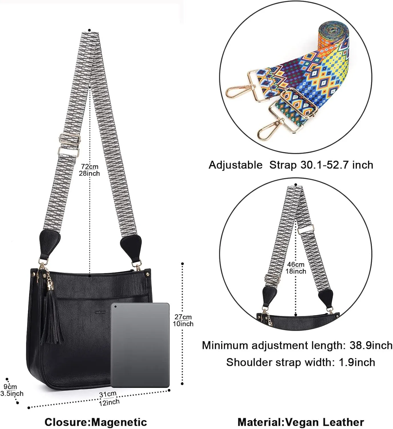 HKCLUF Crossbody Bag Purse for Women 2PCS/Set Leather Hobo Handbag Wallet Set With 2Adjustable Guitar Strap Shoulder Bag
