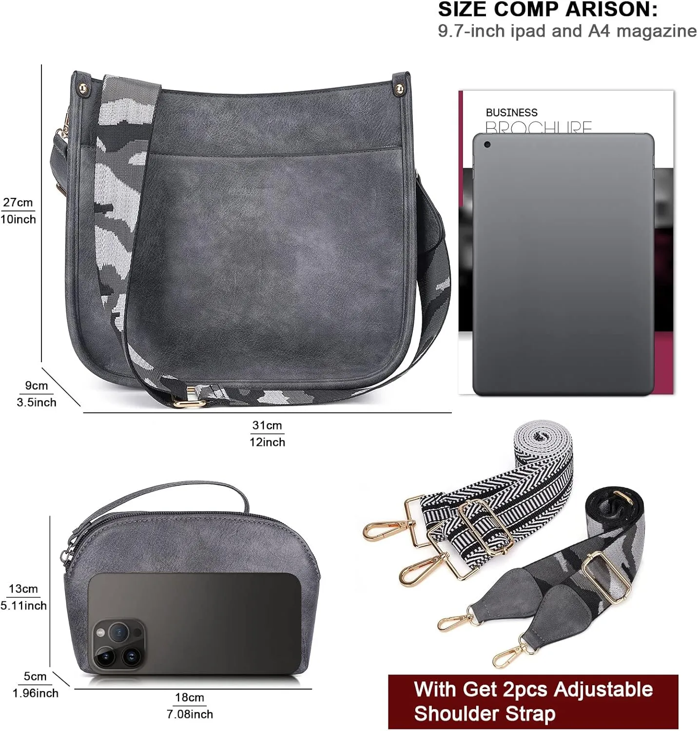 HKCLUF Crossbody Bag Purse for Women 2PCS/Set Leather Hobo Handbag Wallet Set With 2Adjustable Guitar Strap Shoulder Bag