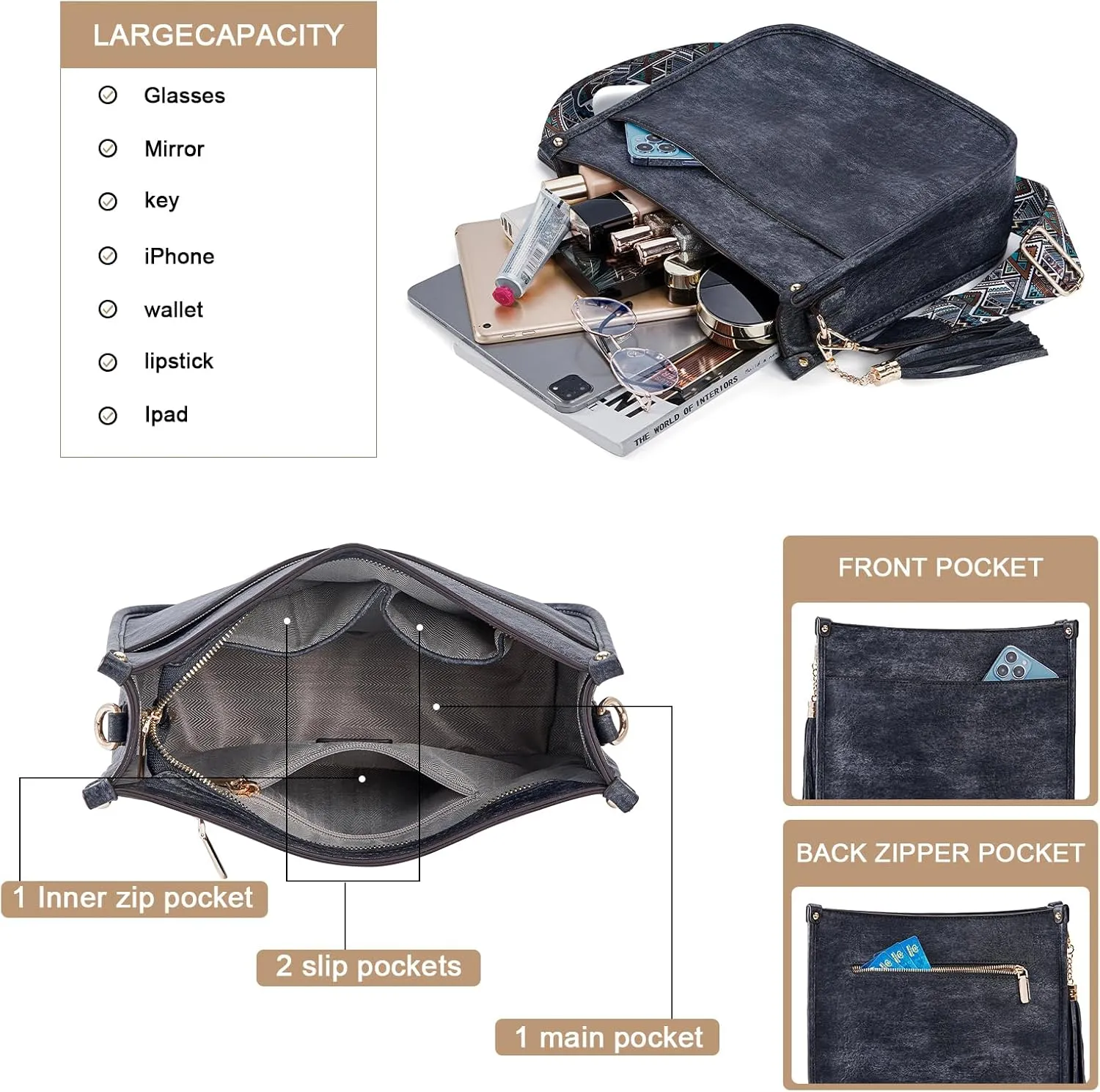 HKCLUF Crossbody Bag Purse for Women 2PCS/Set Leather Hobo Handbag Wallet Set With 2Adjustable Guitar Strap Shoulder Bag