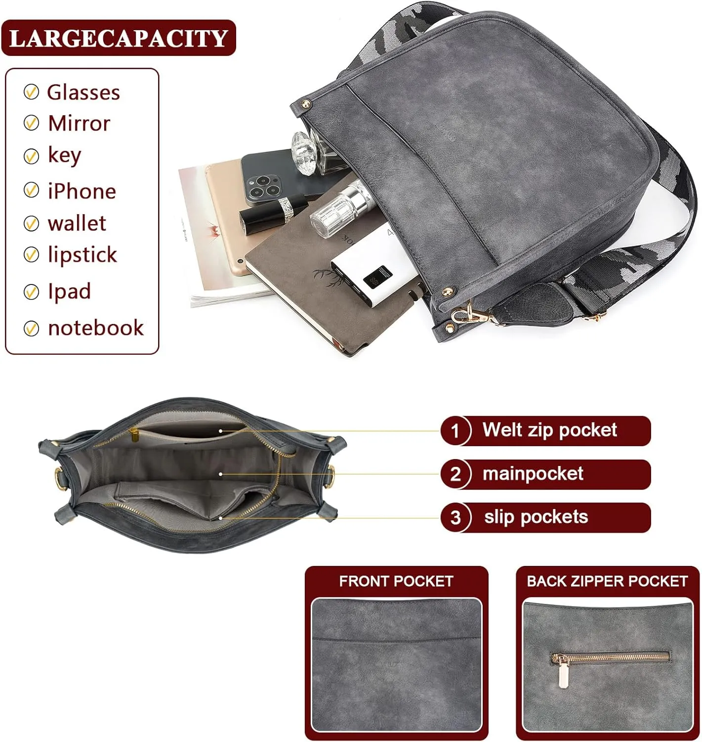 HKCLUF Crossbody Bag Purse for Women 2PCS/Set Leather Hobo Handbag Wallet Set With 2Adjustable Guitar Strap Shoulder Bag