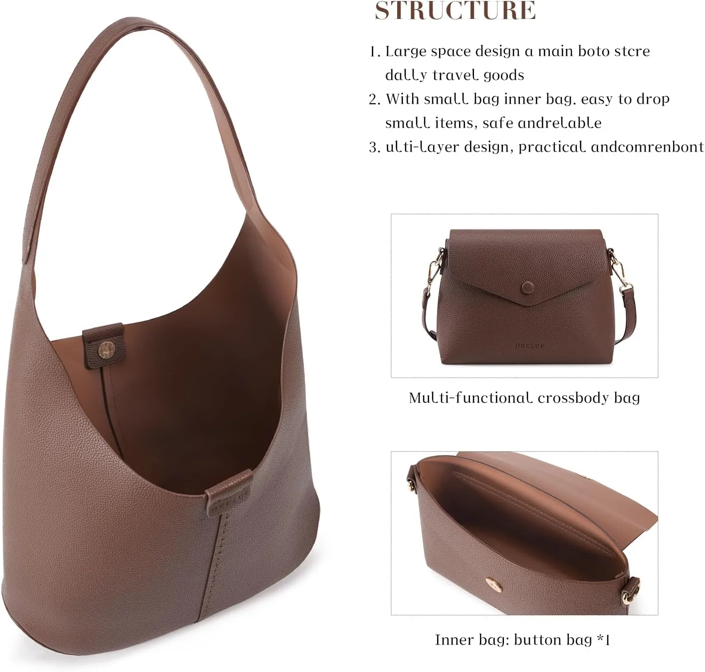 HKCLUF Hobo Bags Purses for Women 2PCS/Set,Soft Vegan Leather Slouchy Shoulder Handbags with Small Crossbody Bags for Women