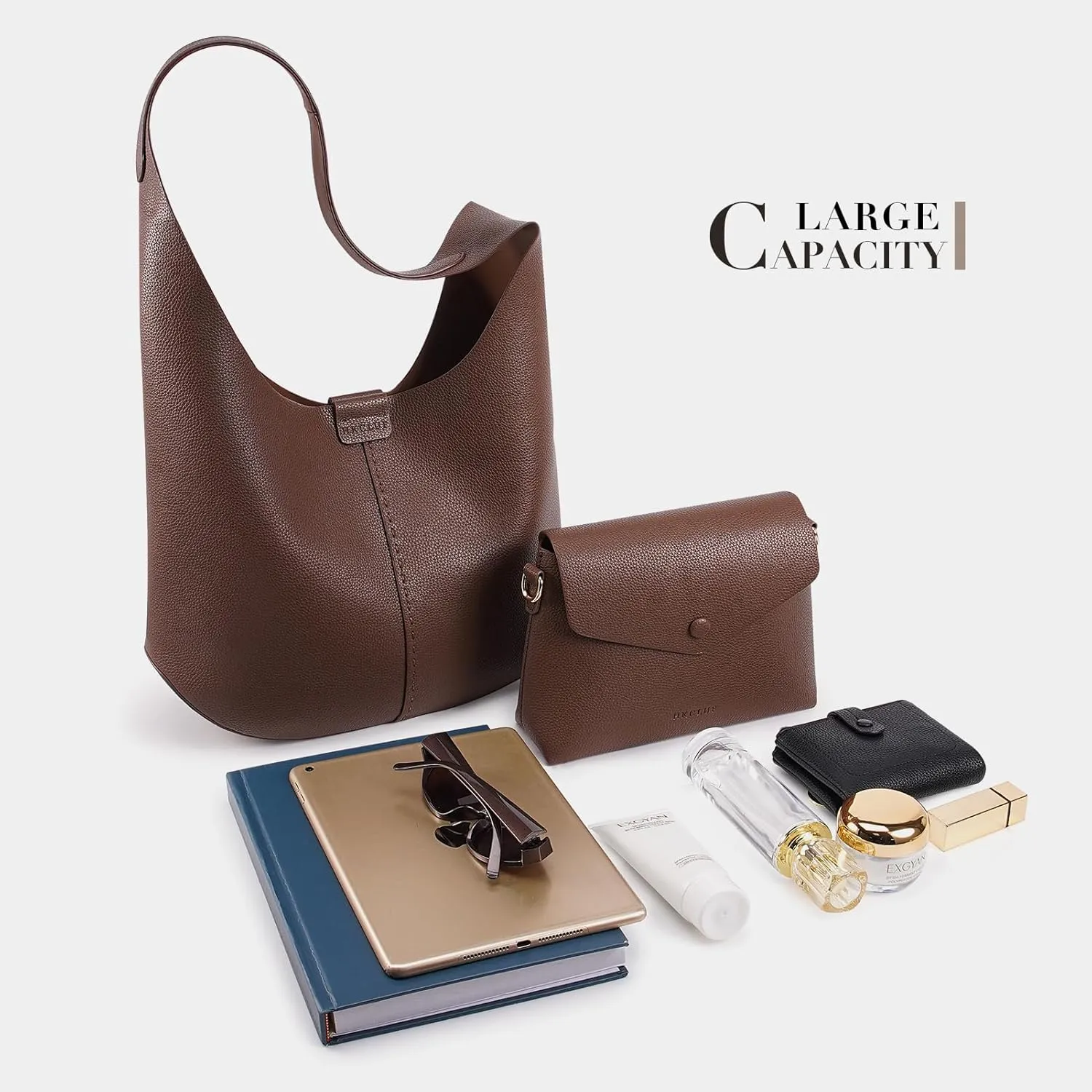 HKCLUF Hobo Bags Purses for Women 2PCS/Set,Soft Vegan Leather Slouchy Shoulder Handbags with Small Crossbody Bags for Women