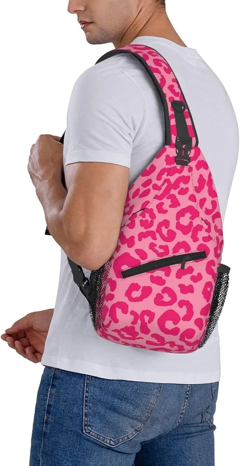 Hot Pink Cheetah Aesthetic Crossbody Bag Cross Chest Bag Adjustable Sling Backpack Sports Gym Shoulder Bags Travel Cycling Daypack Diagonally Casual Rucksack
