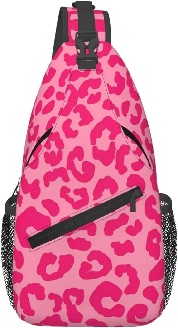 Hot Pink Cheetah Aesthetic Crossbody Bag Cross Chest Bag Adjustable Sling Backpack Sports Gym Shoulder Bags Travel Cycling Daypack Diagonally Casual Rucksack