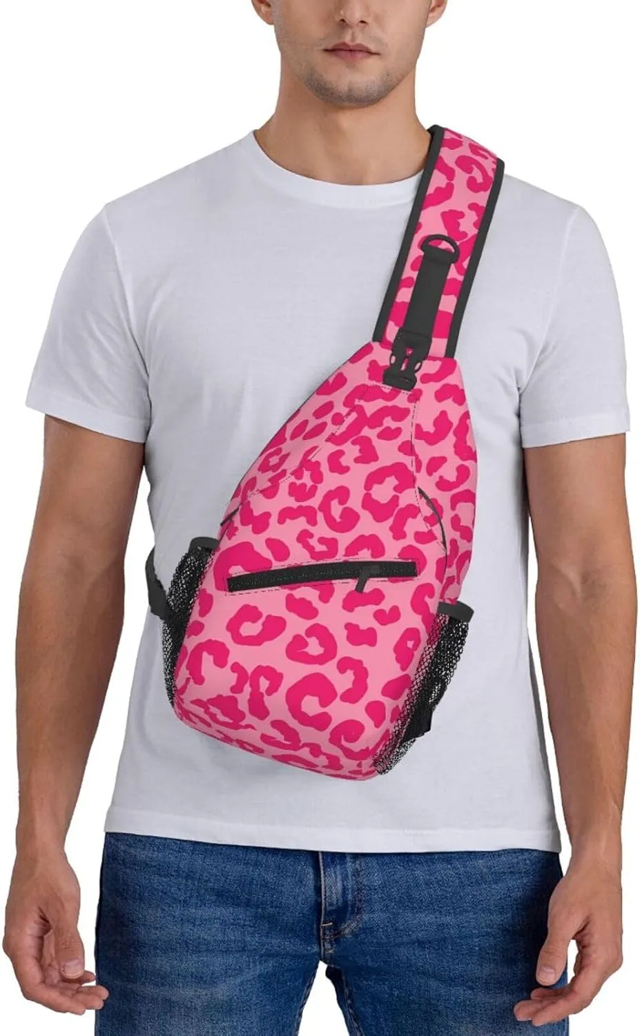 Hot Pink Cheetah Aesthetic Crossbody Bag Cross Chest Bag Adjustable Sling Backpack Sports Gym Shoulder Bags Travel Cycling Daypack Diagonally Casual Rucksack
