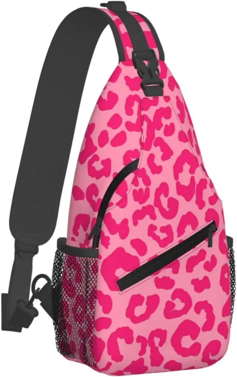 Hot Pink Cheetah Aesthetic Crossbody Bag Cross Chest Bag Adjustable Sling Backpack Sports Gym Shoulder Bags Travel Cycling Daypack Diagonally Casual Rucksack