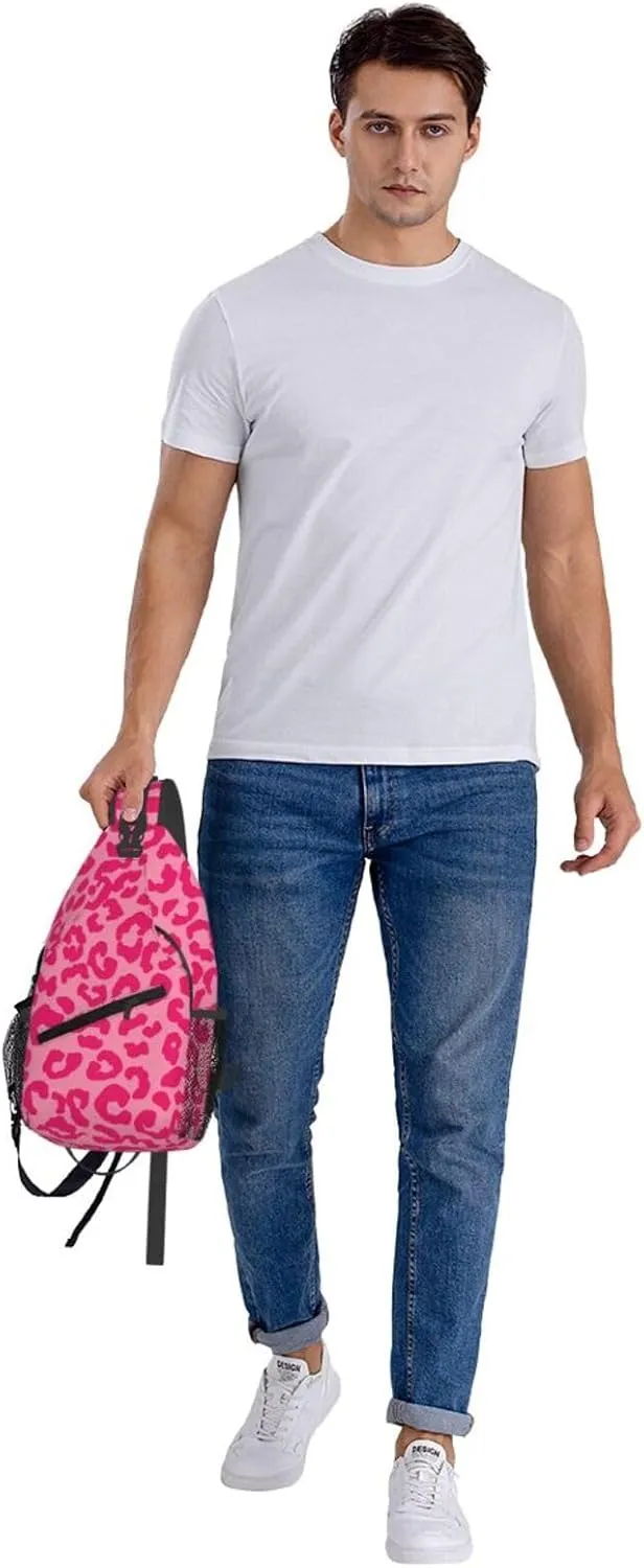 Hot Pink Cheetah Aesthetic Crossbody Bag Cross Chest Bag Adjustable Sling Backpack Sports Gym Shoulder Bags Travel Cycling Daypack Diagonally Casual Rucksack