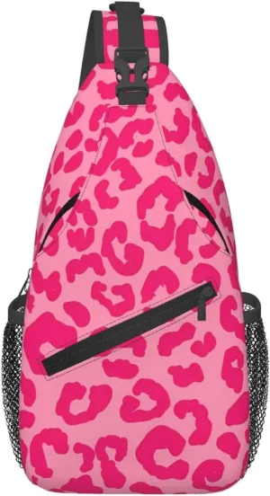 Hot Pink Cheetah Aesthetic Crossbody Bag Cross Chest Bag Adjustable Sling Backpack Sports Gym Shoulder Bags Travel Cycling Daypack Diagonally Casual Rucksack