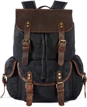 HuaChen Leather Backpack for Men,Waxed Canvas Shoulder Rucksack for Travel Laptop School