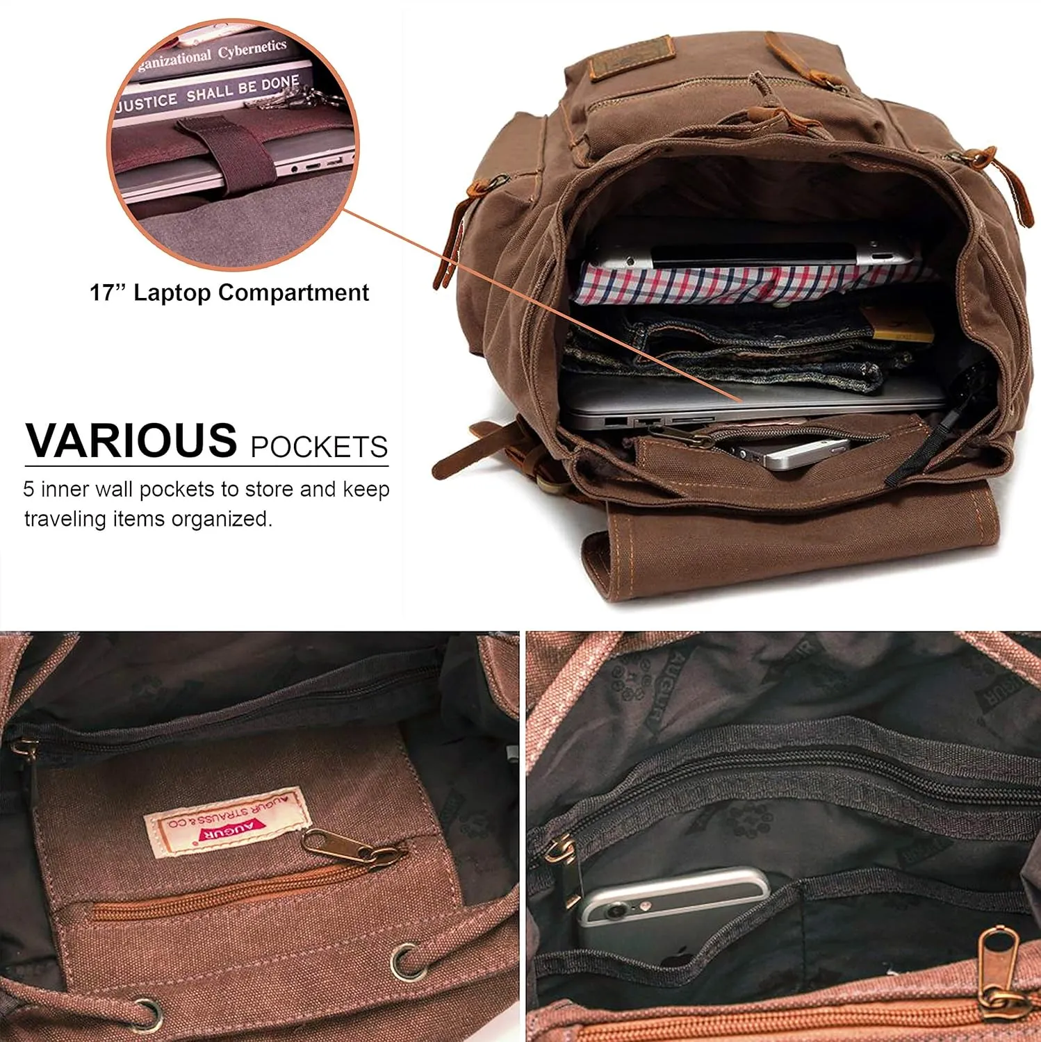 HuaChen Vintage Canvas Backpack, Large Capacity Travel Rucksack for Men Women,Hiking, Camping, School, and Outdoor Activities