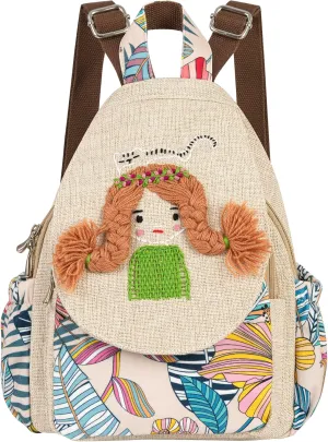 HUANGGUOSHU Women Cotton Woven Hippie Hemp Boho Canvas Embroidery Multi Pocket Retro Cute Backpack Wallet Backpack Little girl and dog watch the sea