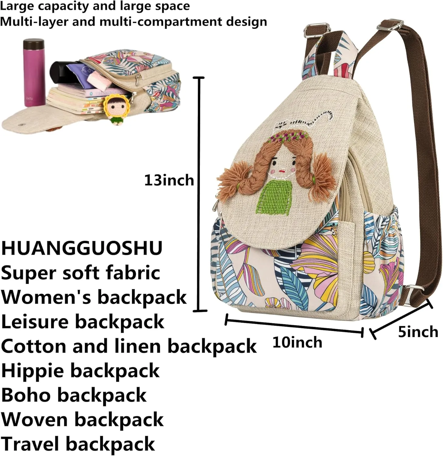 HUANGGUOSHU Women Cotton Woven Hippie Hemp Boho Canvas Embroidery Multi Pocket Retro Cute Backpack Wallet Backpack Little girl and dog watch the sea