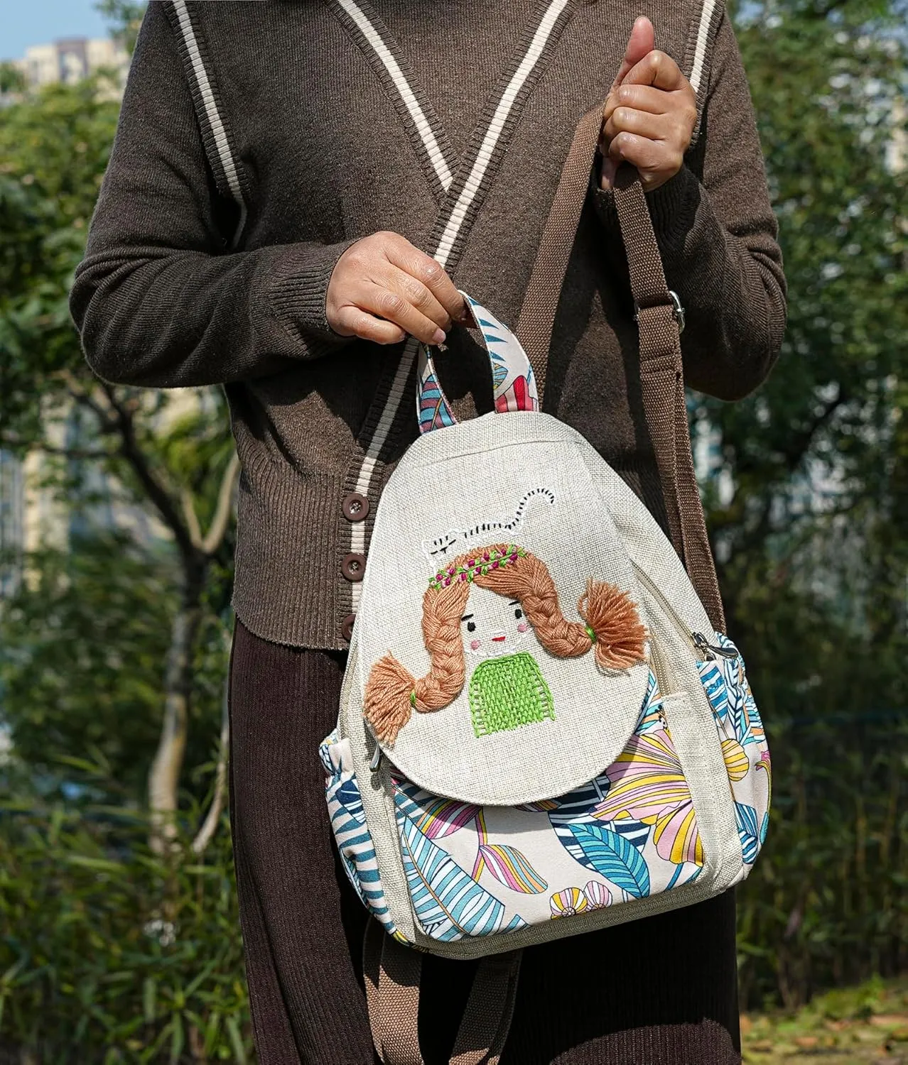 HUANGGUOSHU Women Cotton Woven Hippie Hemp Boho Canvas Embroidery Multi Pocket Retro Cute Backpack Wallet Backpack Little girl and dog watch the sea