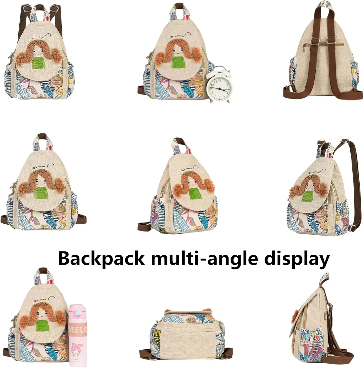 HUANGGUOSHU Women Cotton Woven Hippie Hemp Boho Canvas Embroidery Multi Pocket Retro Cute Backpack Wallet Backpack Little girl and dog watch the sea