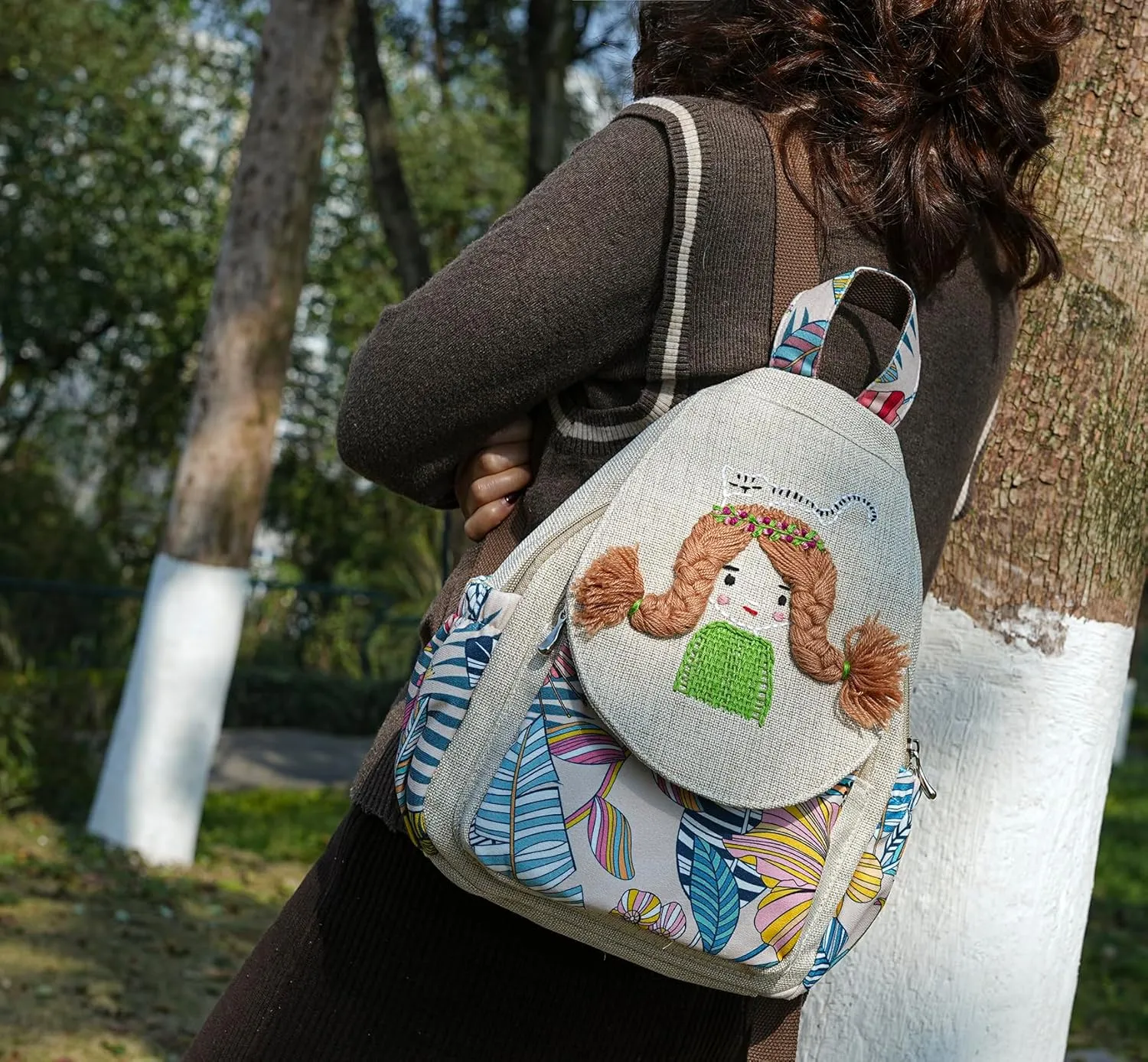 HUANGGUOSHU Women Cotton Woven Hippie Hemp Boho Canvas Embroidery Multi Pocket Retro Cute Backpack Wallet Backpack Little girl and dog watch the sea