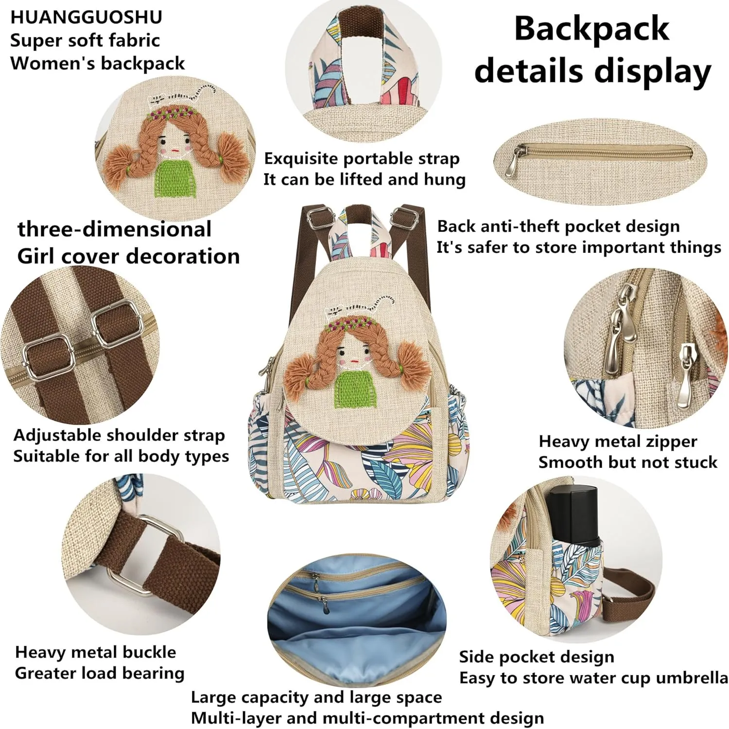 HUANGGUOSHU Women Cotton Woven Hippie Hemp Boho Canvas Embroidery Multi Pocket Retro Cute Backpack Wallet Backpack Little girl and dog watch the sea