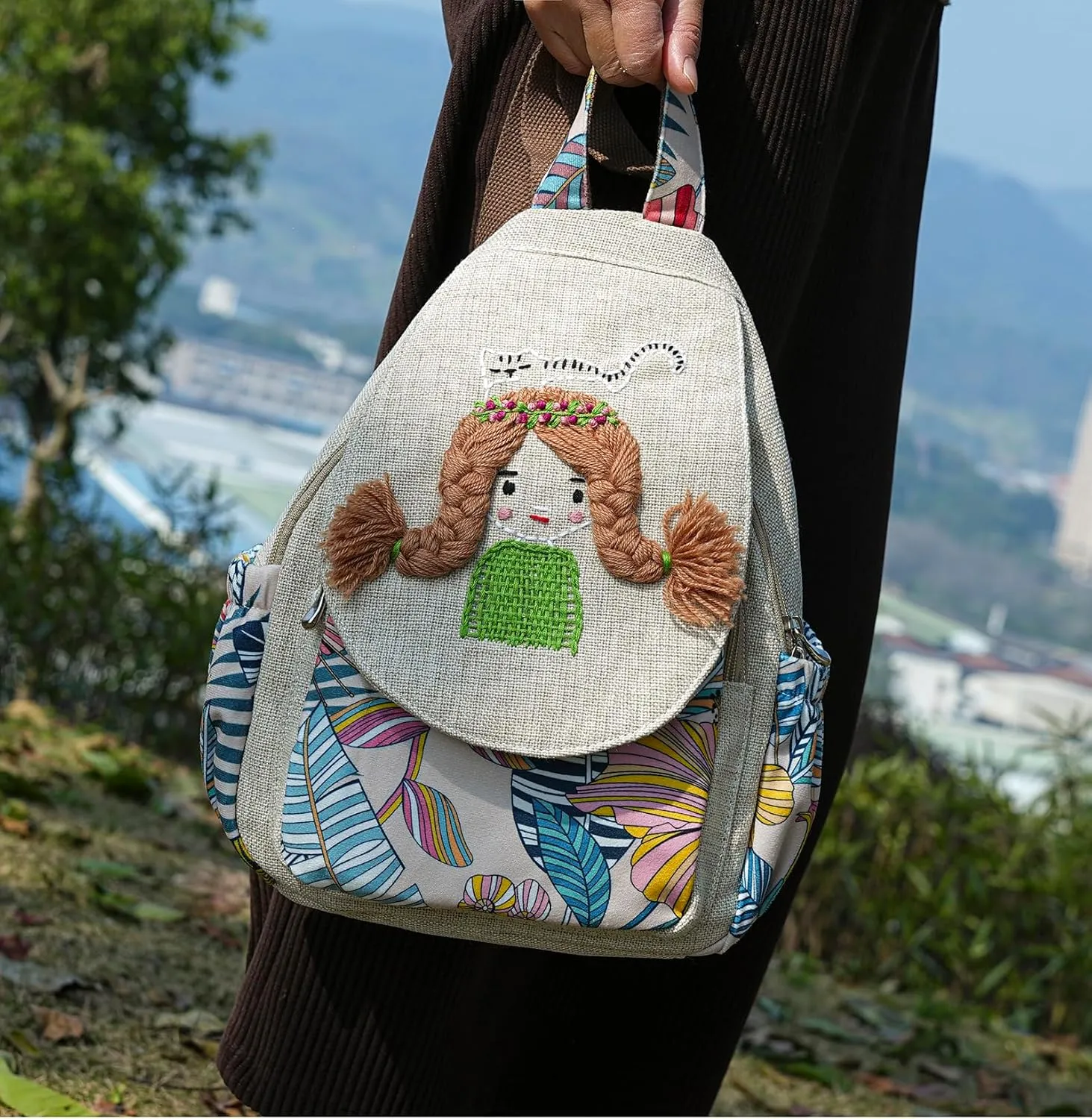 HUANGGUOSHU Women Cotton Woven Hippie Hemp Boho Canvas Embroidery Multi Pocket Retro Cute Backpack Wallet Backpack Little girl and dog watch the sea