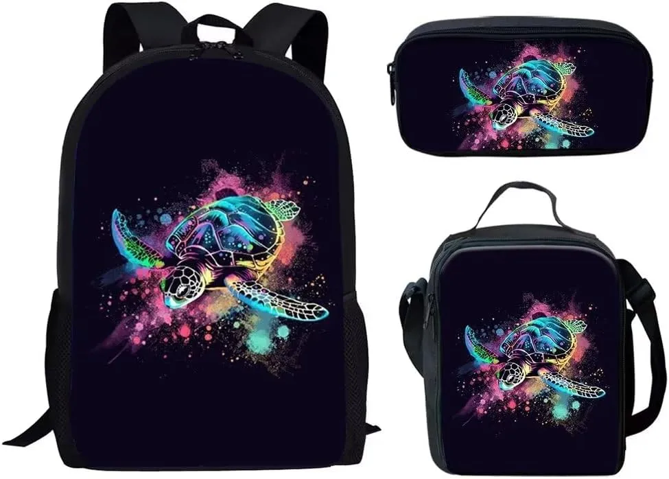 HUGS IDEA Blue Sea Turtle Print Kid Backpack School Bags Set 3 Pcs Cute 17 Inch School Bag Set with Lunch Box & Pencil Case Lightweight 3 in 1 Backpack Schoolbag for Girls Boys