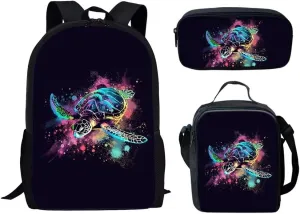 HUGS IDEA Blue Sea Turtle Print Kid Backpack School Bags Set 3 Pcs Cute 17 Inch School Bag Set with Lunch Box & Pencil Case Lightweight 3 in 1 Backpack Schoolbag for Girls Boys