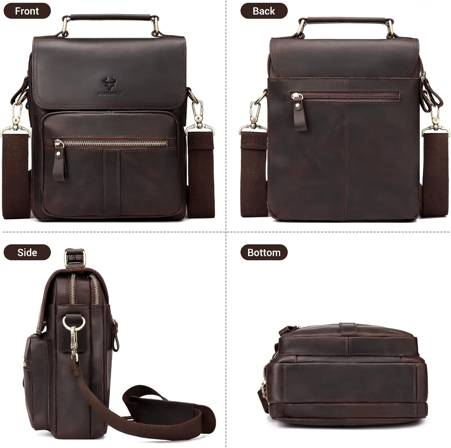 HUMERPAUL Leather Messenger Bag for Men, Shoulder Crossbody Bag with Adjustable Straps for Work Business
