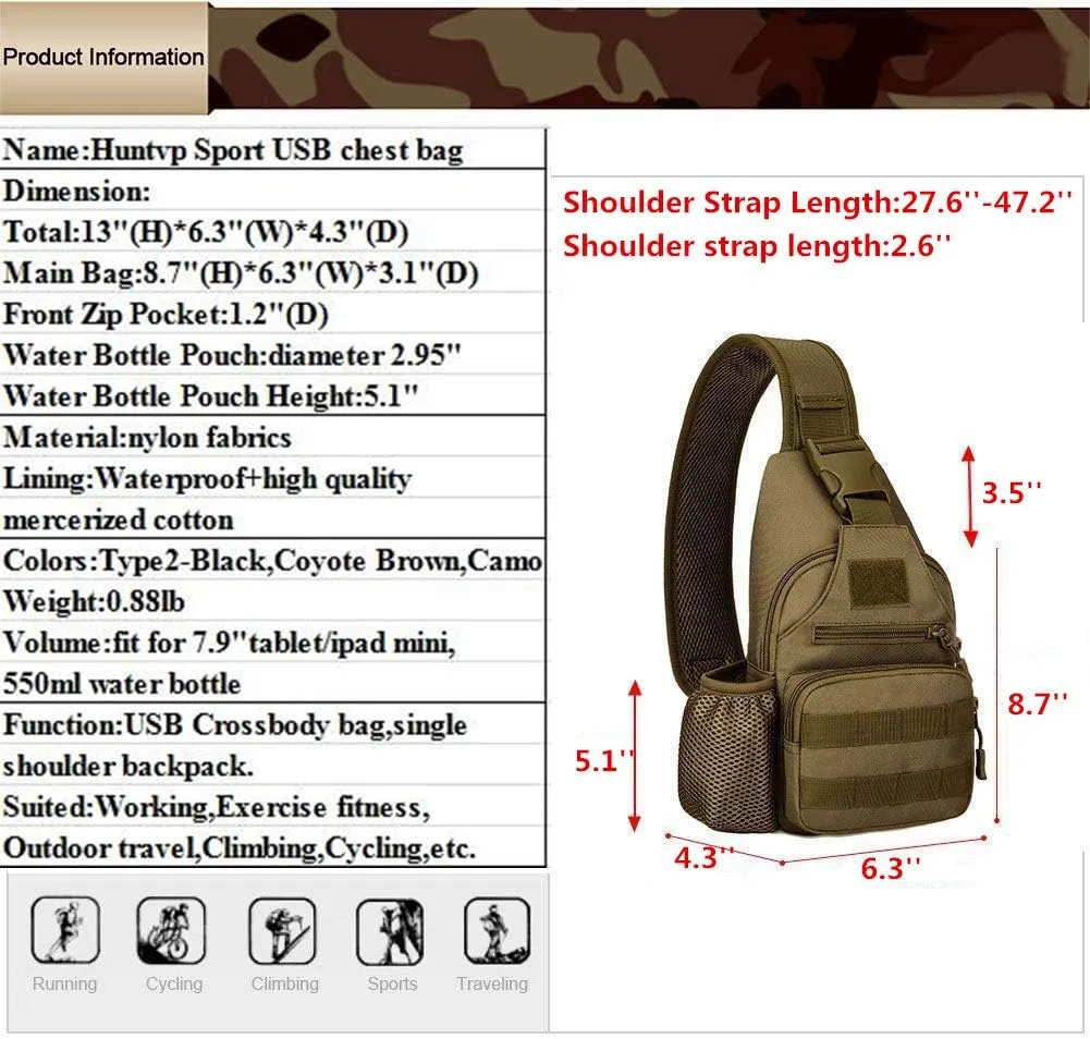 HUNTVP Small Tactical Sling Chest Pack Bag Molle Daypack Backpack Military Crossbody (Type2-Camo)