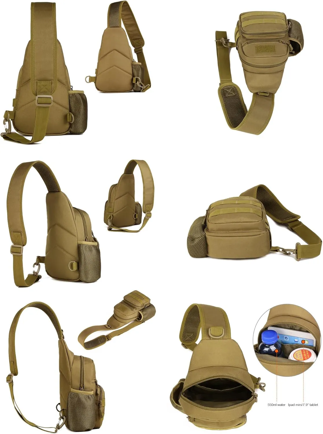 Huntvp Small Tactical Sling Chest Pack Bag Molle Daypack Backpack Military Crossbody，Type1-Coyote Brown
