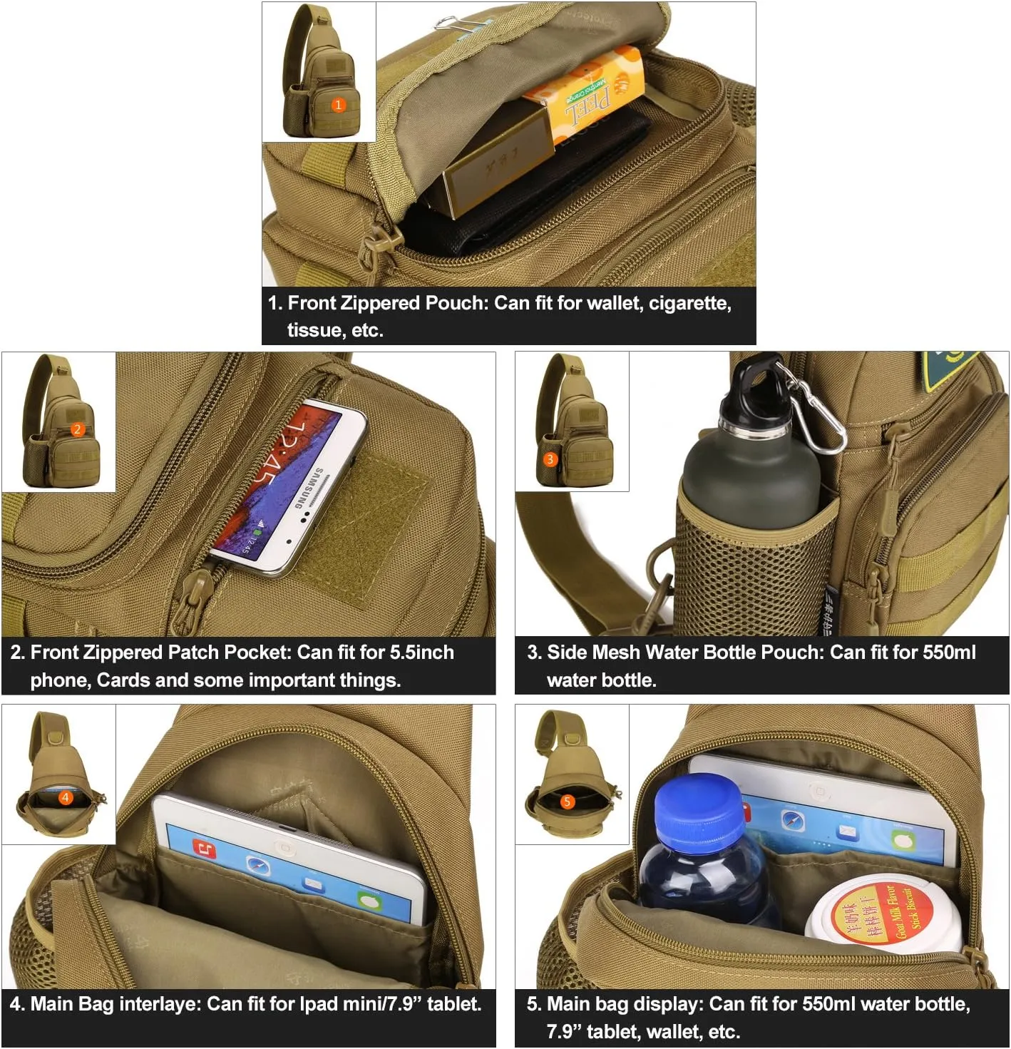Huntvp Small Tactical Sling Chest Pack Bag Molle Daypack Backpack Military Crossbody，Type1-Coyote Brown