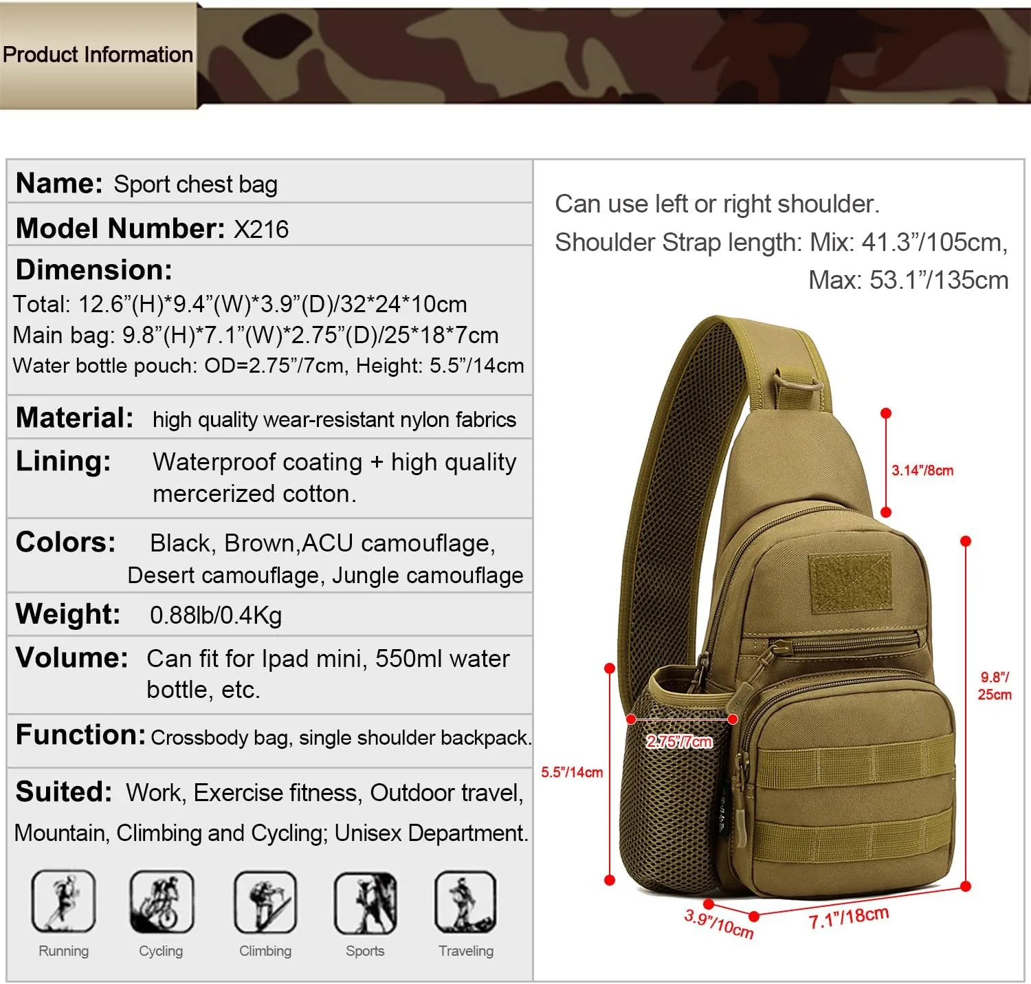 Huntvp Small Tactical Sling Chest Pack Bag Molle Daypack Backpack Military Crossbody，Type1-Coyote Brown